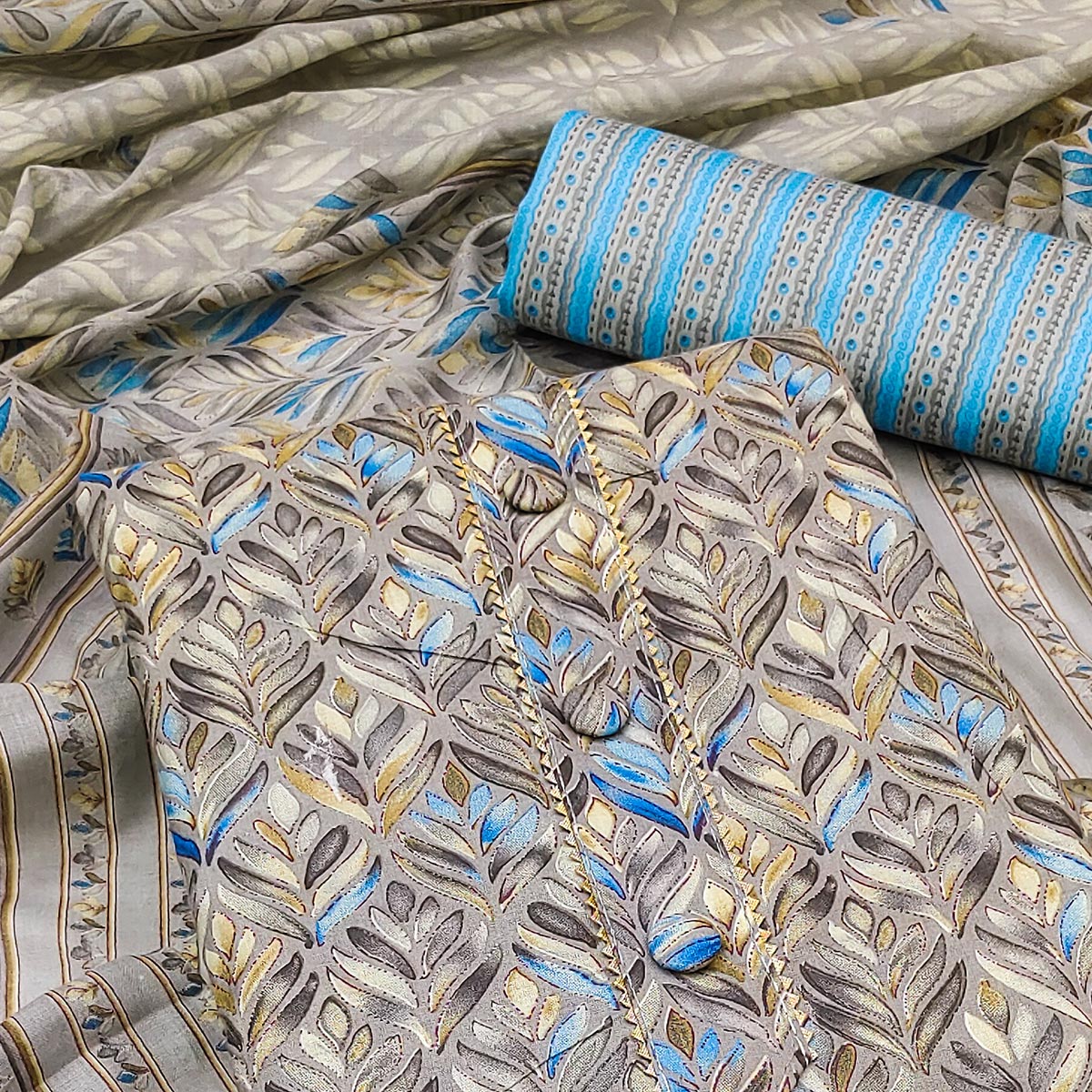 Grey Printed Cotton Blend Dress Material