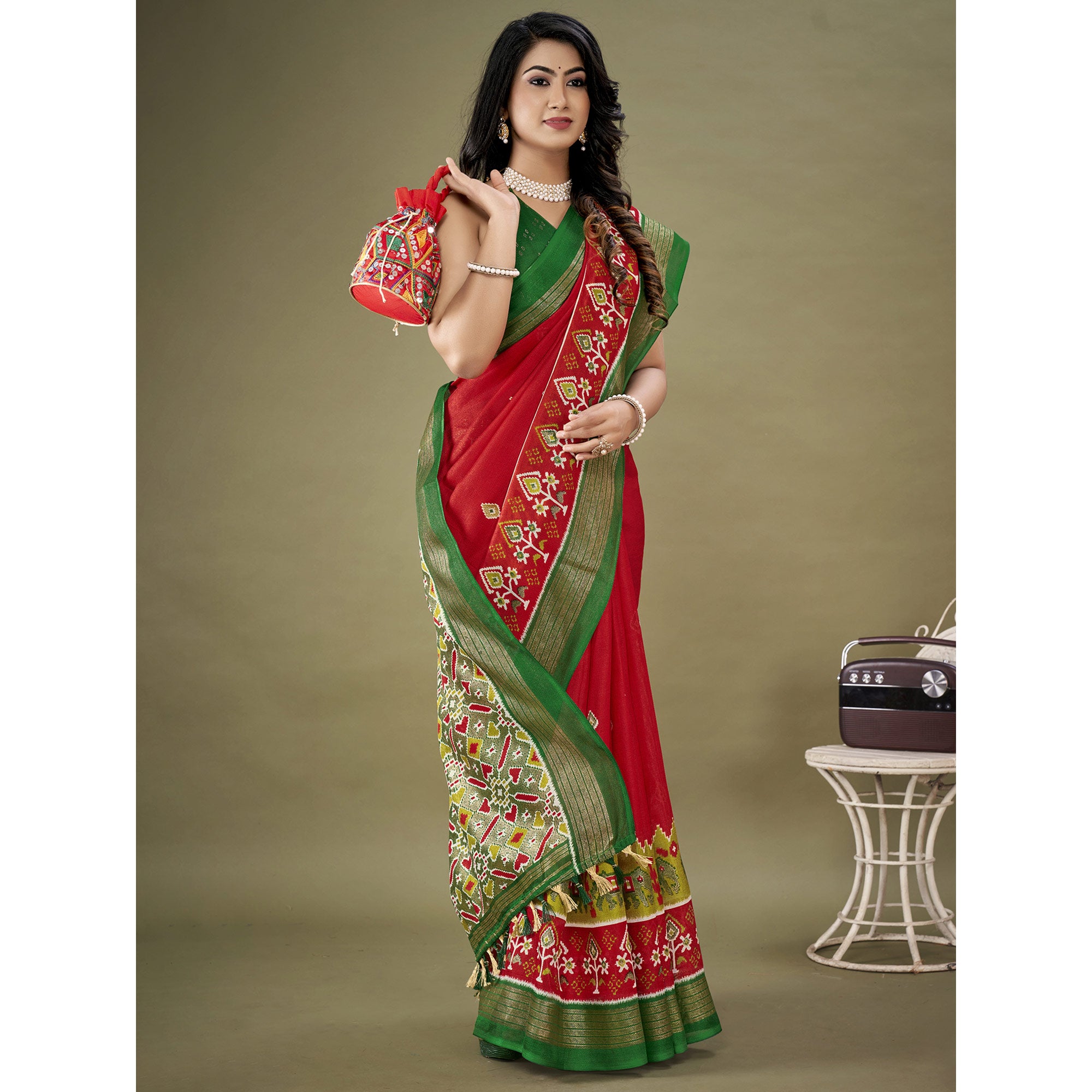 Red Printed Jute Patola Saree