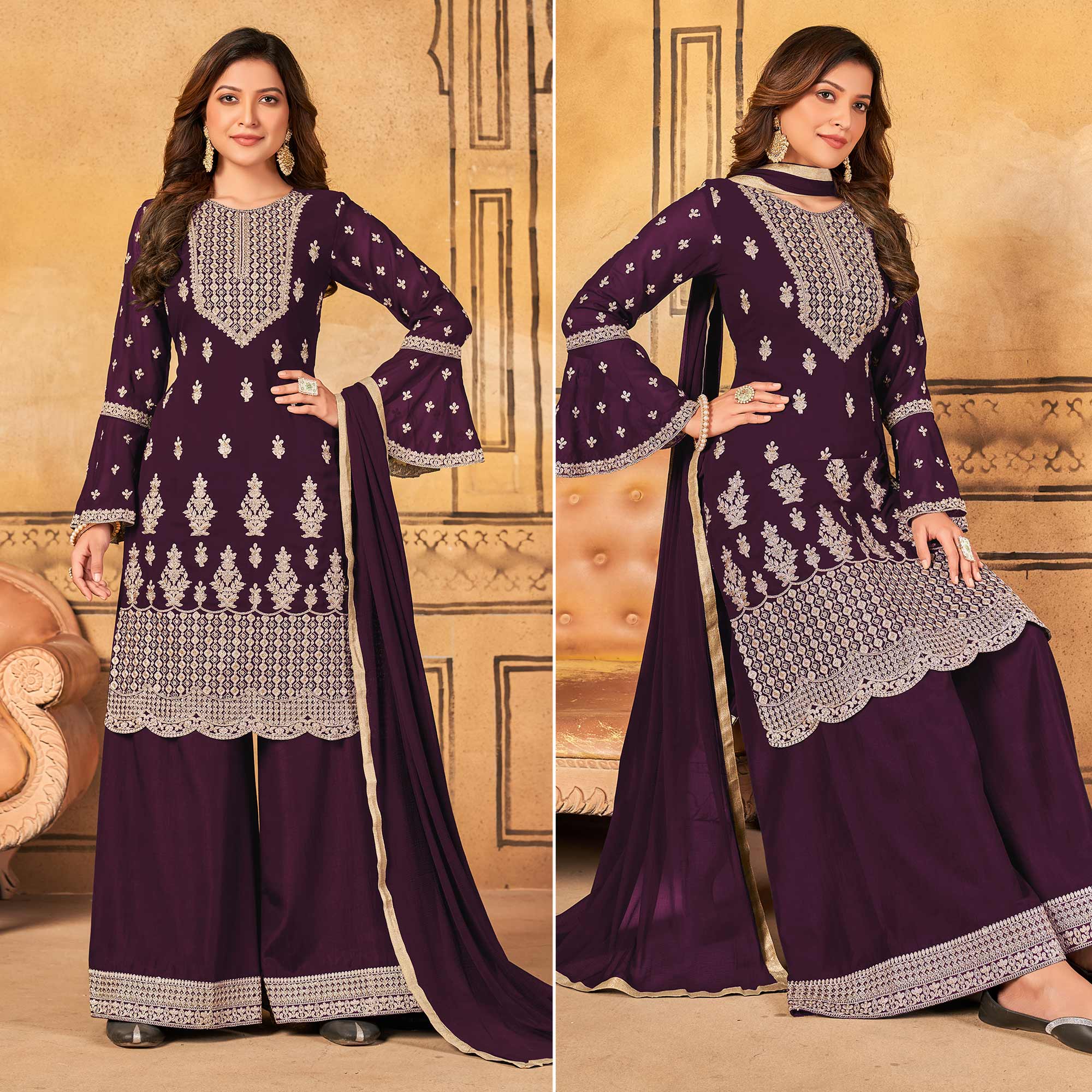 Wine Floral Embroidered Georgette Palazzo Suit