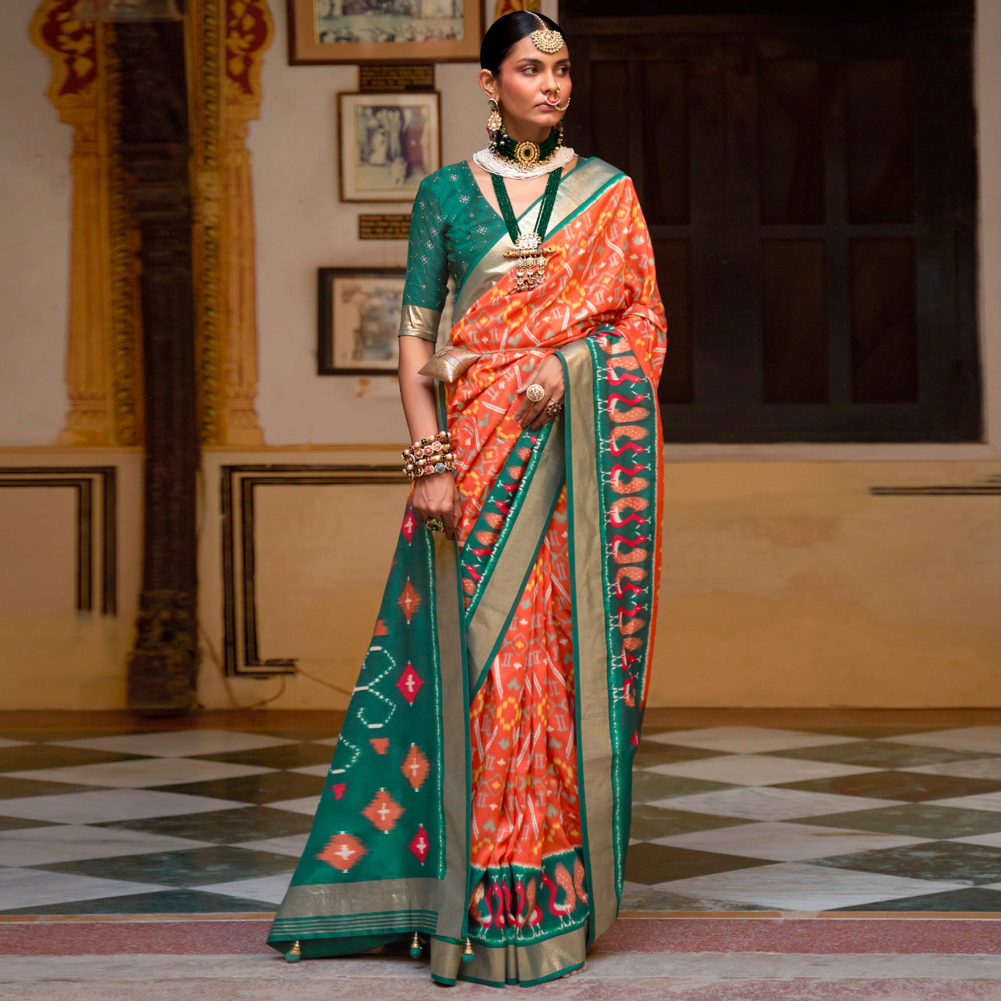 Orange & Bottle Green Printed Art Silk Saree