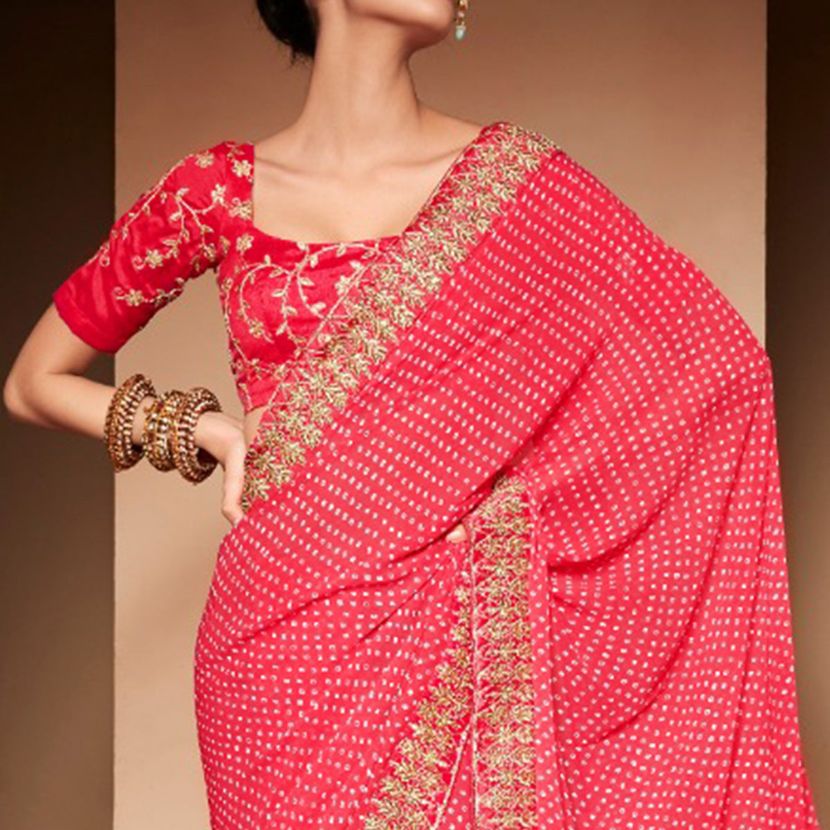 Pink Bandhani Printed With Embroidered Border Georgette Saree