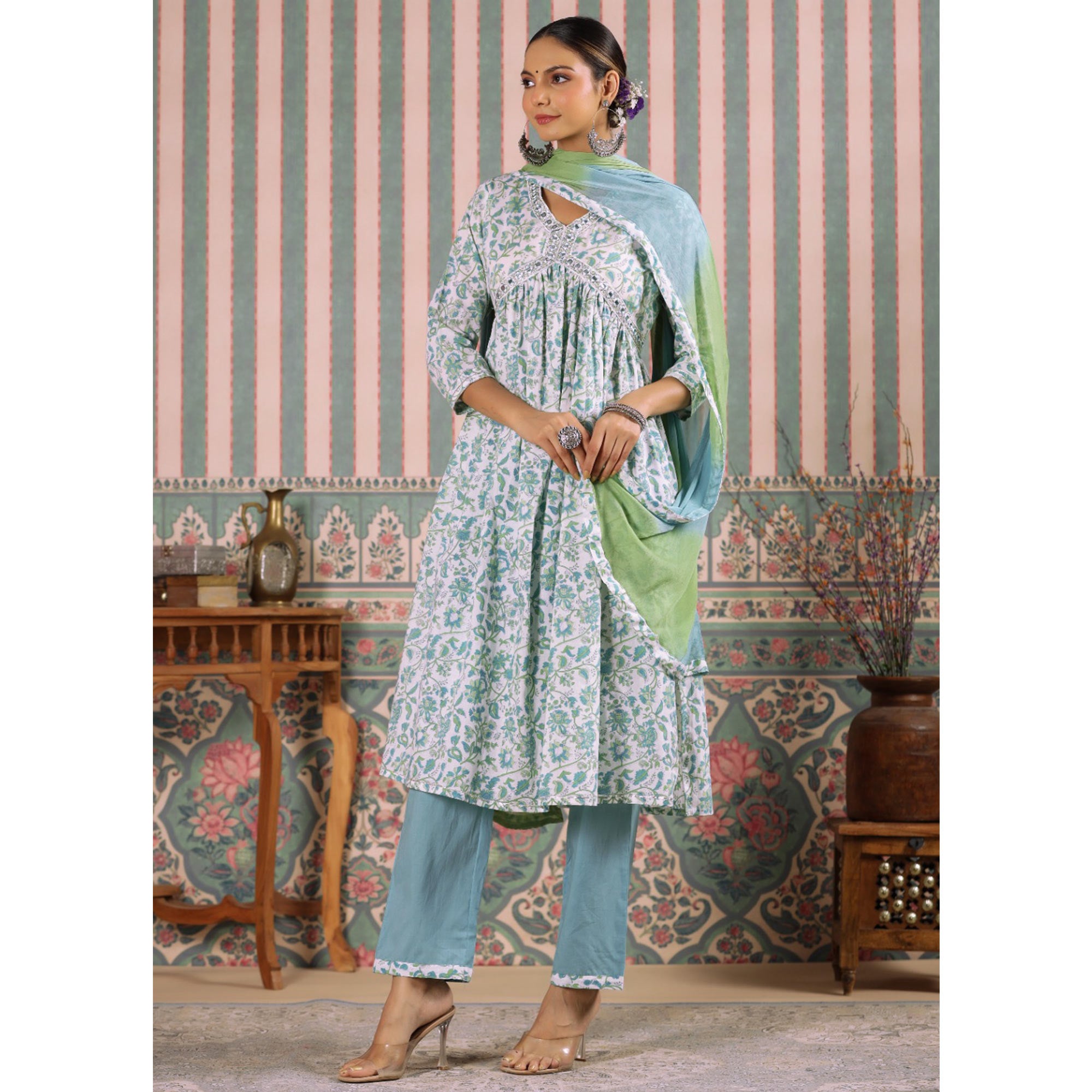 Aqua Blue Floral Printed Pure Cotton Alia Cut Suit