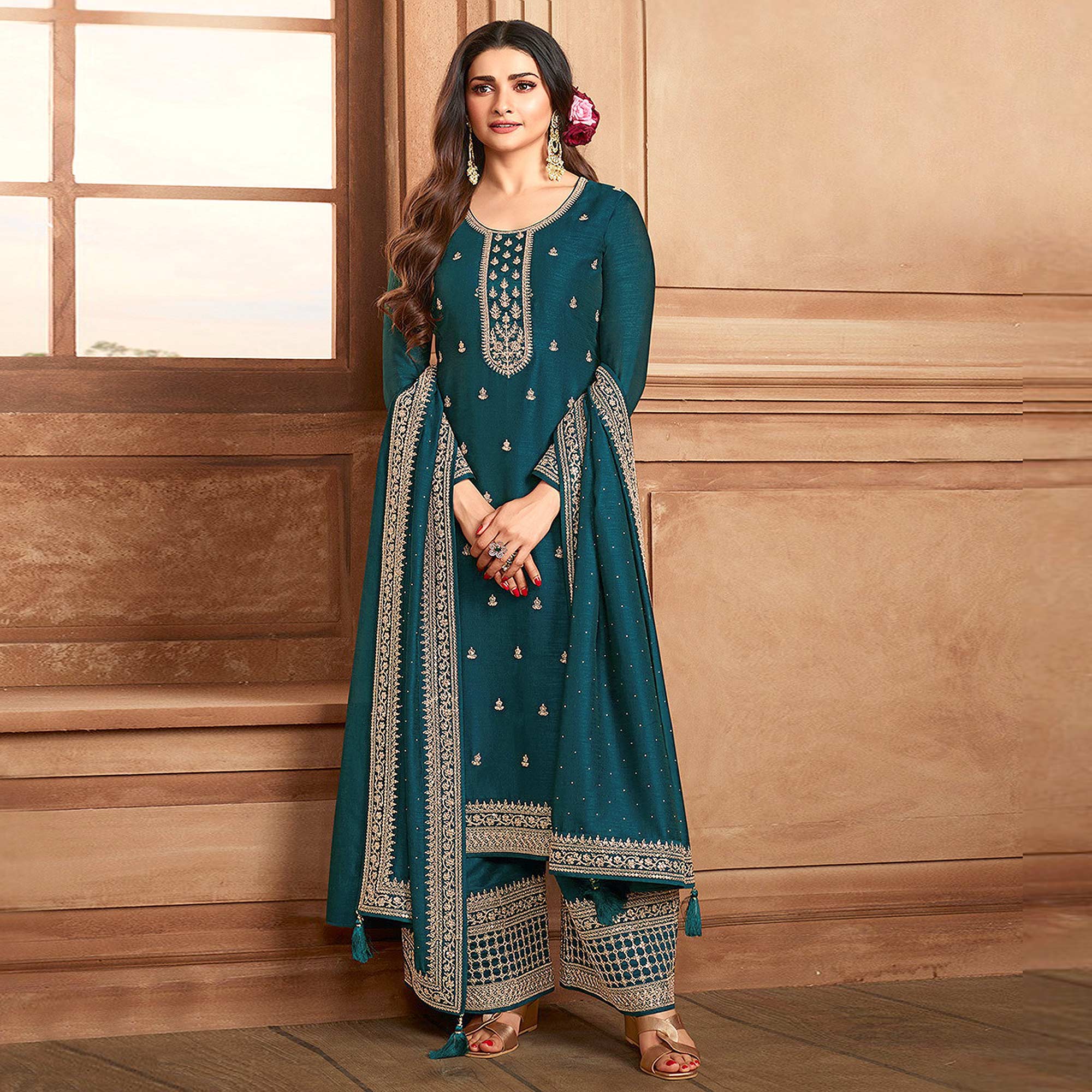 Aqua Blue Floral Embroidered Georgette Semi Stitched Palazzo Suit