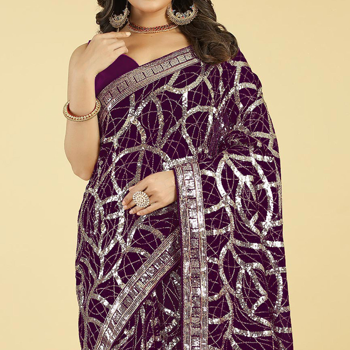 Wine Sequins Work Georgette Saree