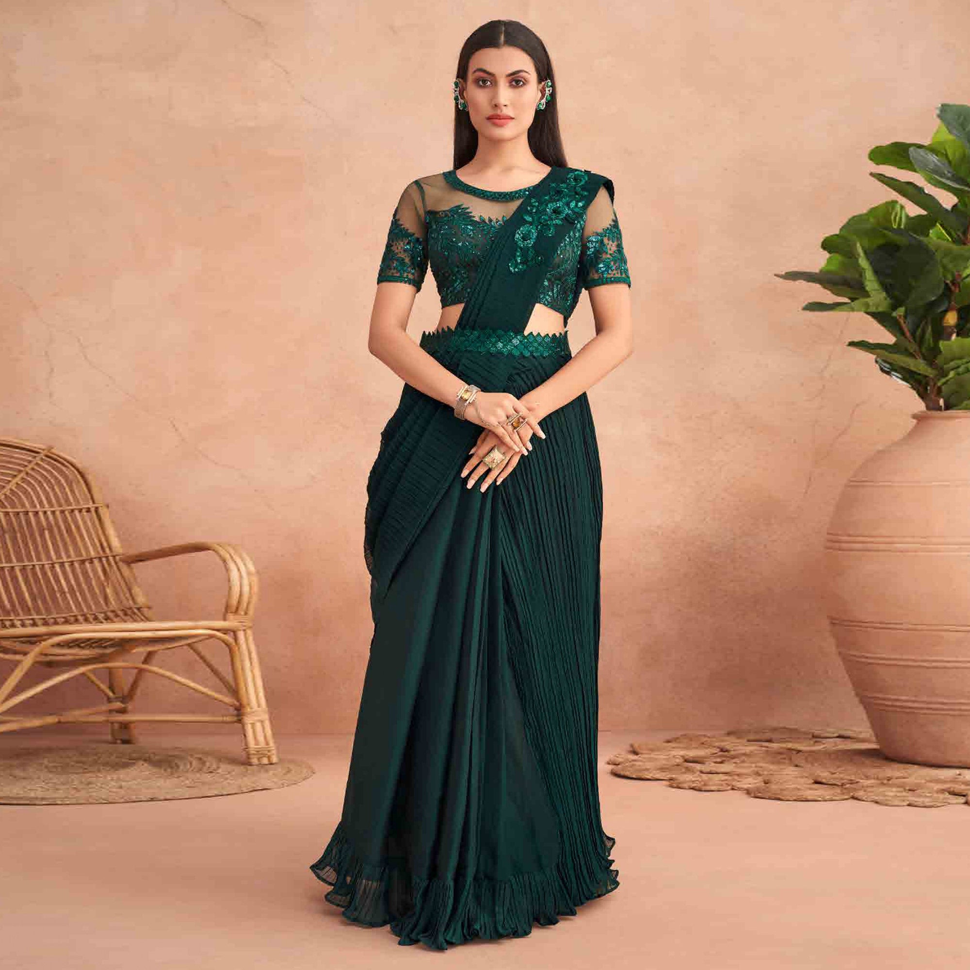 Bottle Green Sequins Embroidered Ready to Wear Chiffon Saree