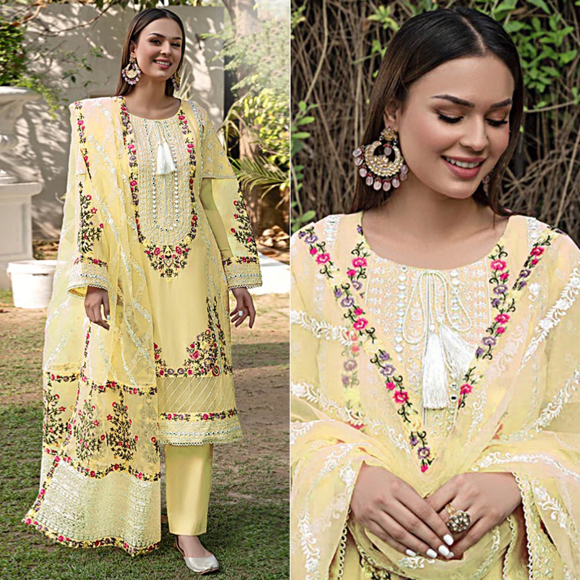 Yellow Floral Embroidered Georgette Palazzo Suit