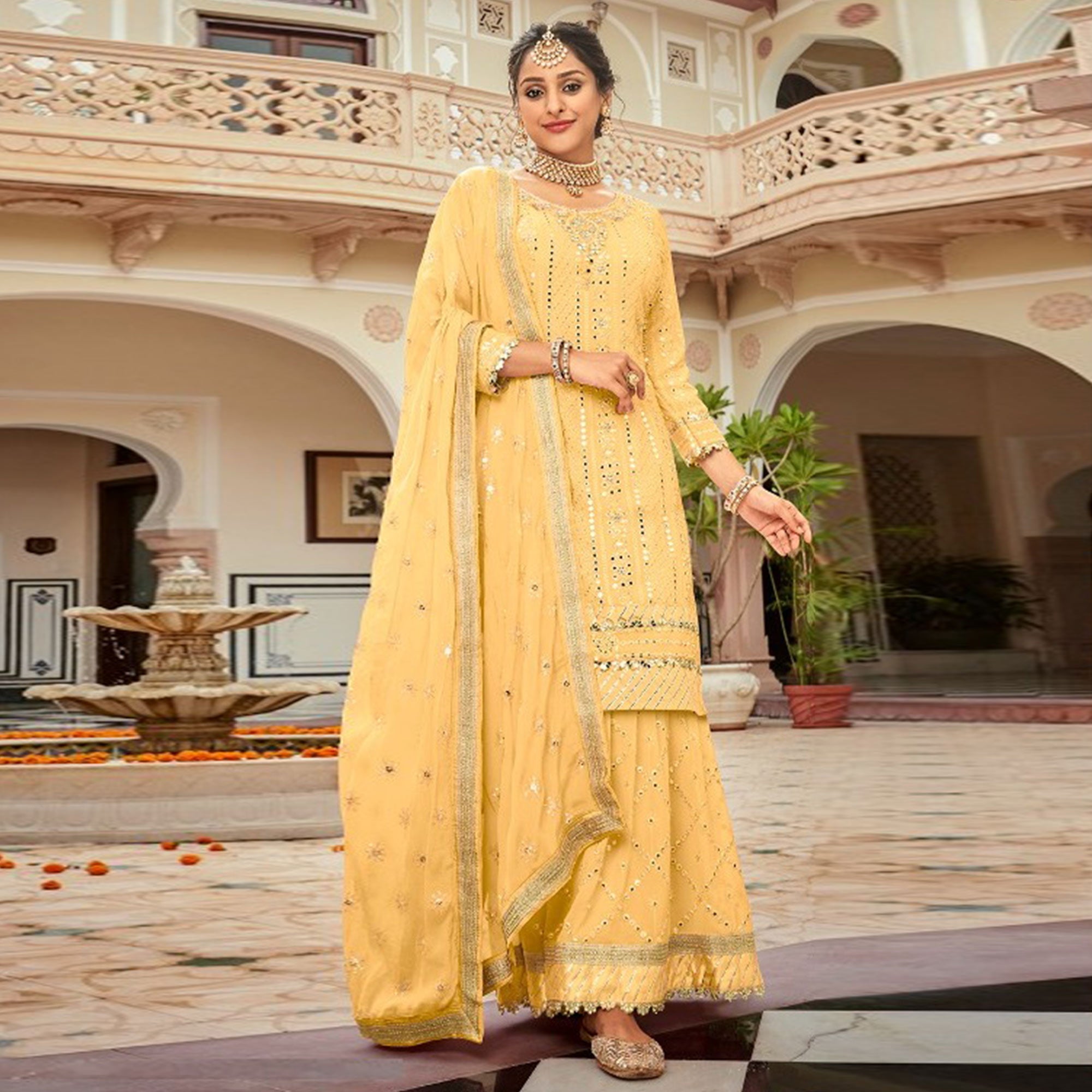 Yellow Mirror Work Georgette Sharara Suit