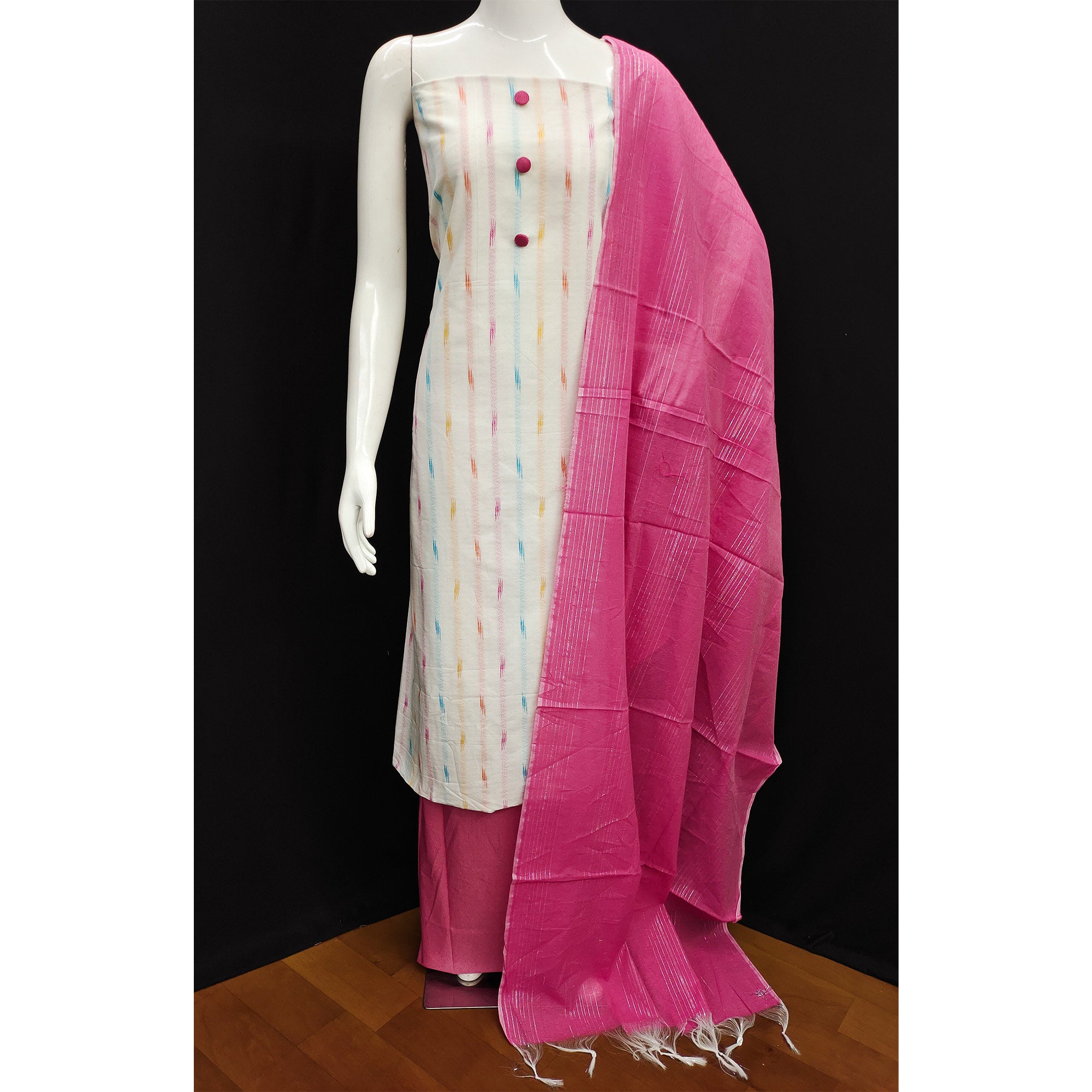 White Pink Strpied Printed Cotton Dress Material