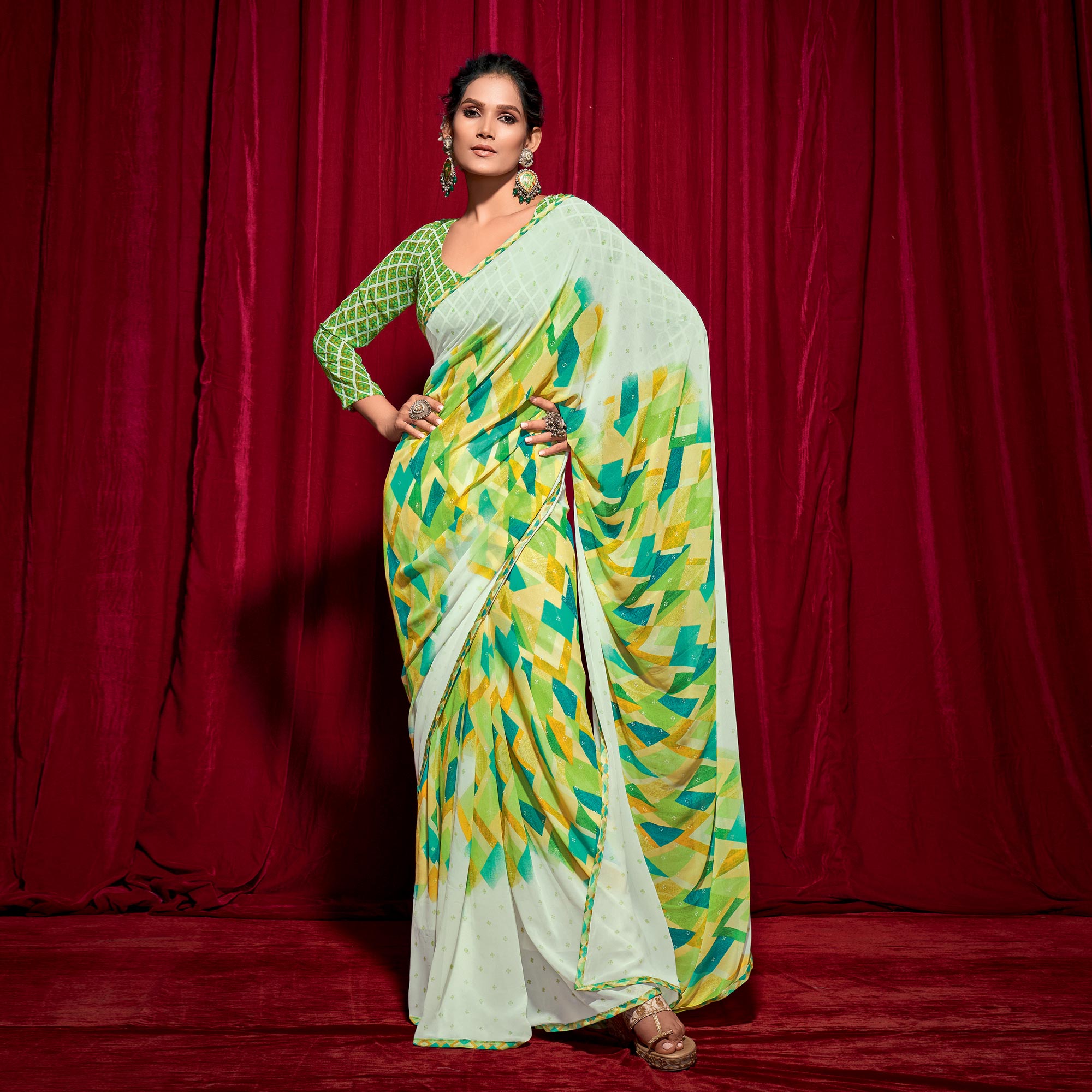 Green Printed Georgette Saree