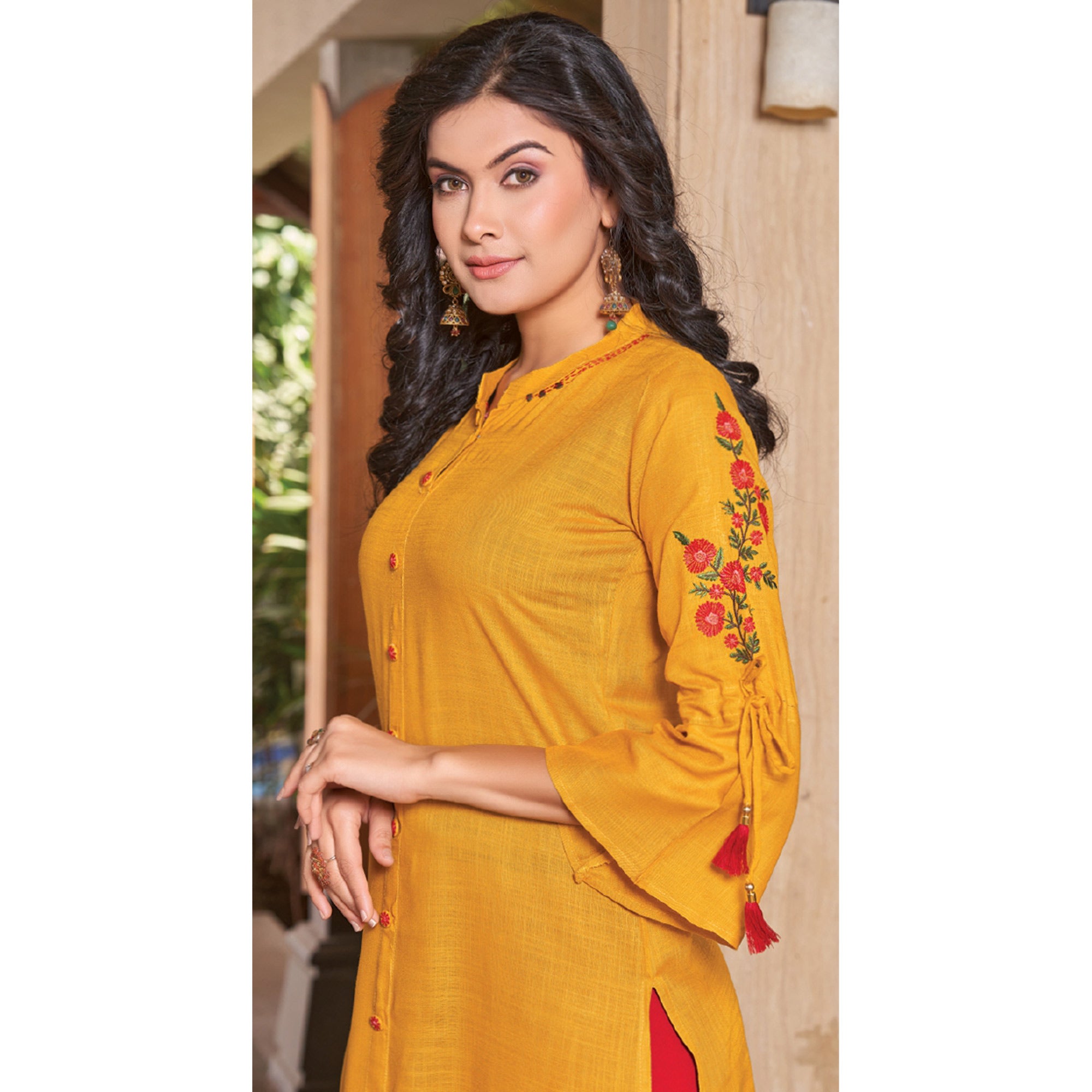 Mustard Floral Embroidered Rayon Kurti