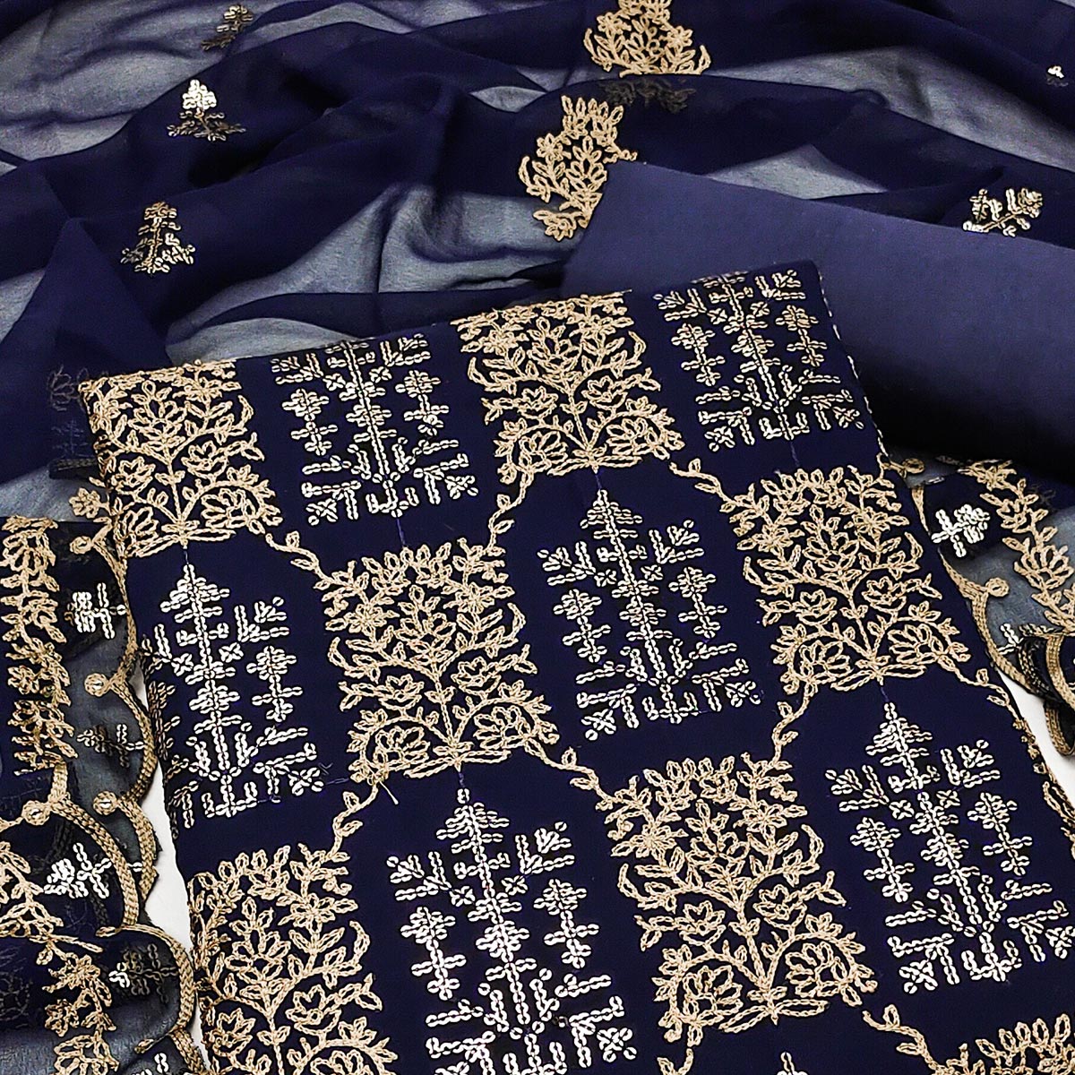 Navy Blue Sequins Embroidered Georgette Dress Material
