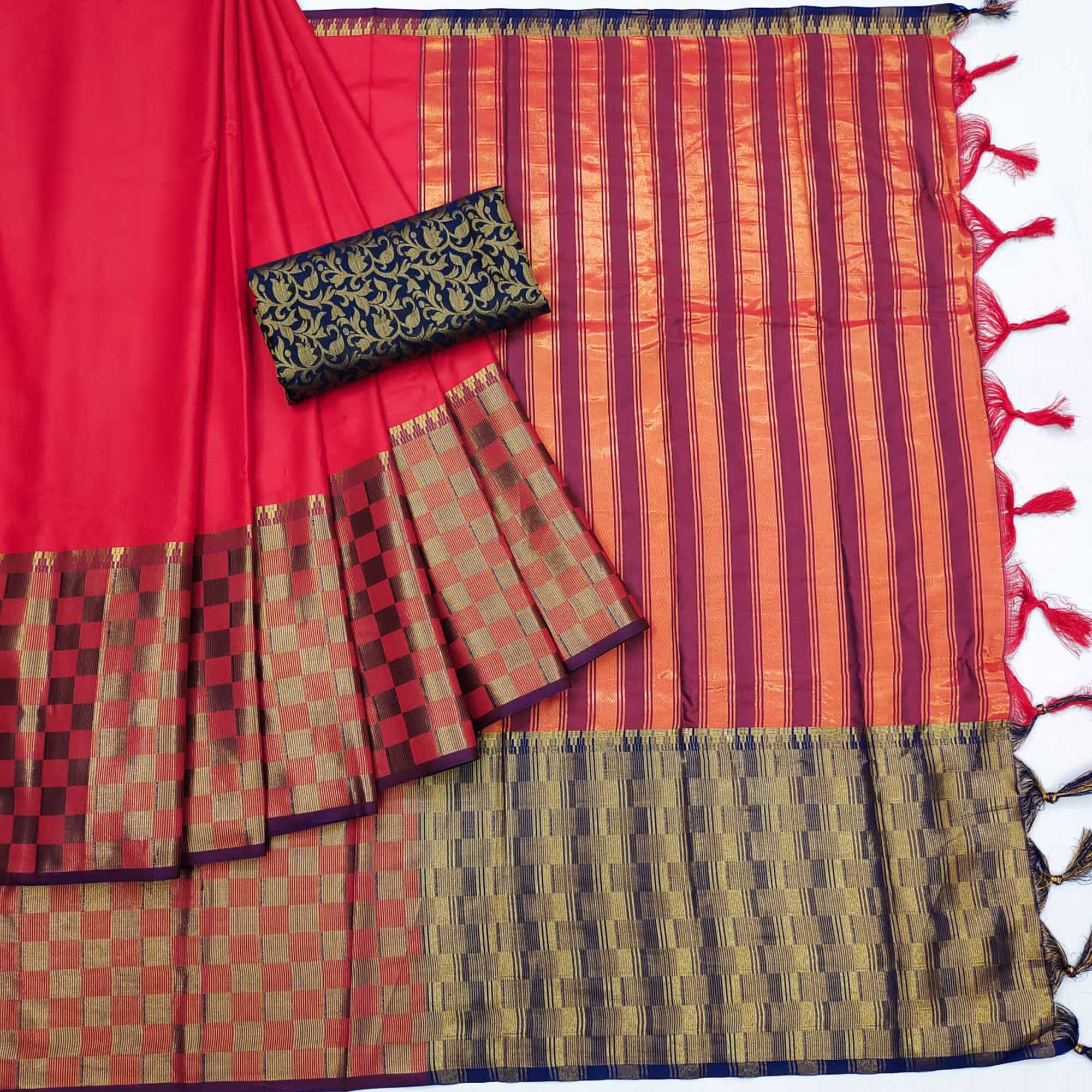 Red Woven Cotton Silk Saree With Tassels