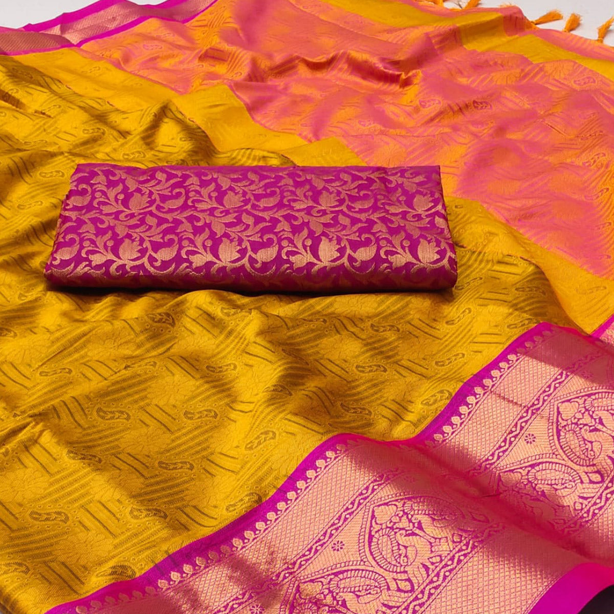 Golden Woven Cotton Silk Saree With Tassels