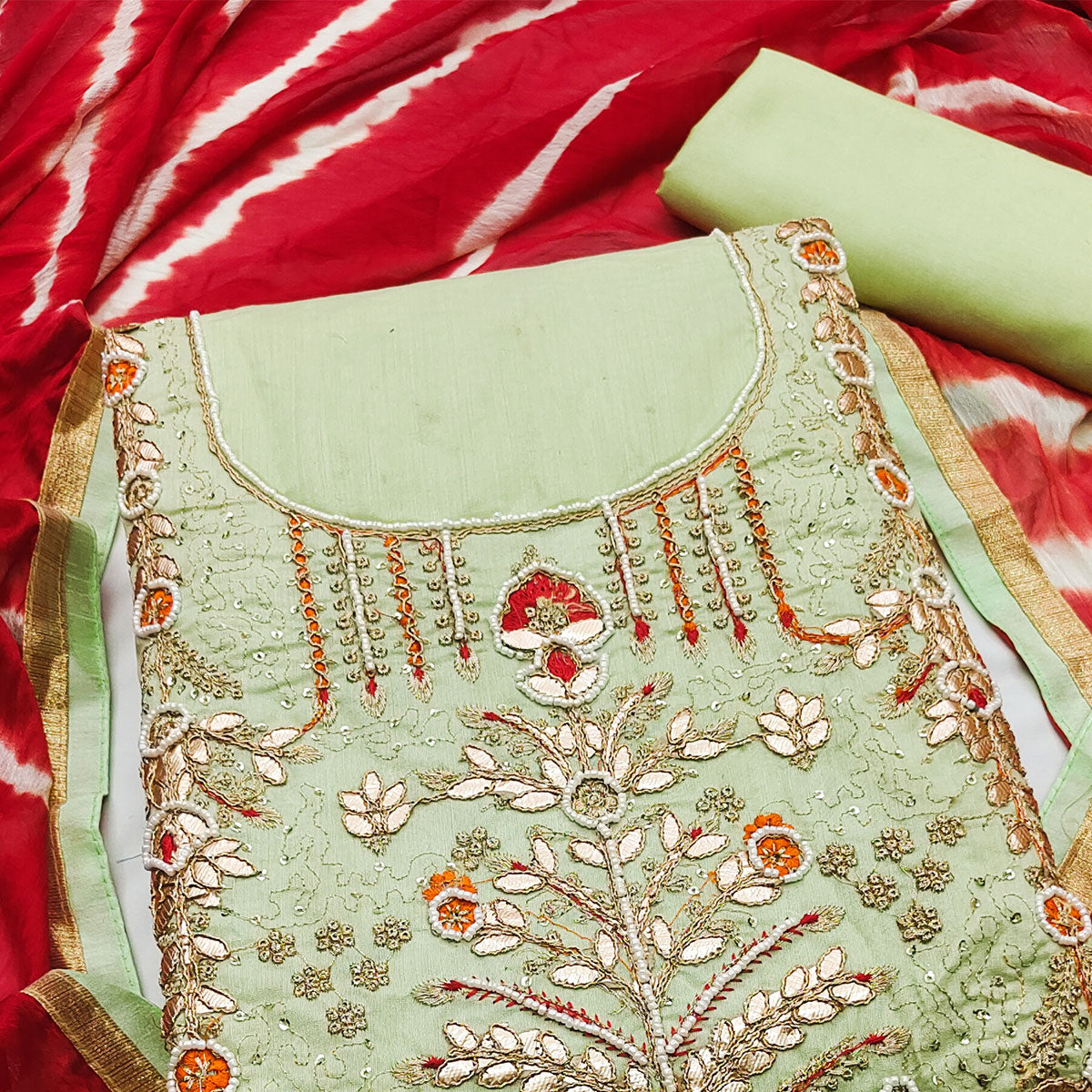 Green Embroidered Chanderi Dress Material