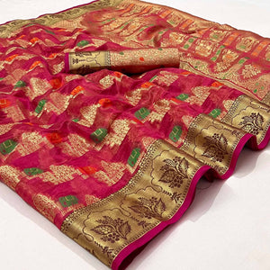 Rani Pink Woven Organza Saree