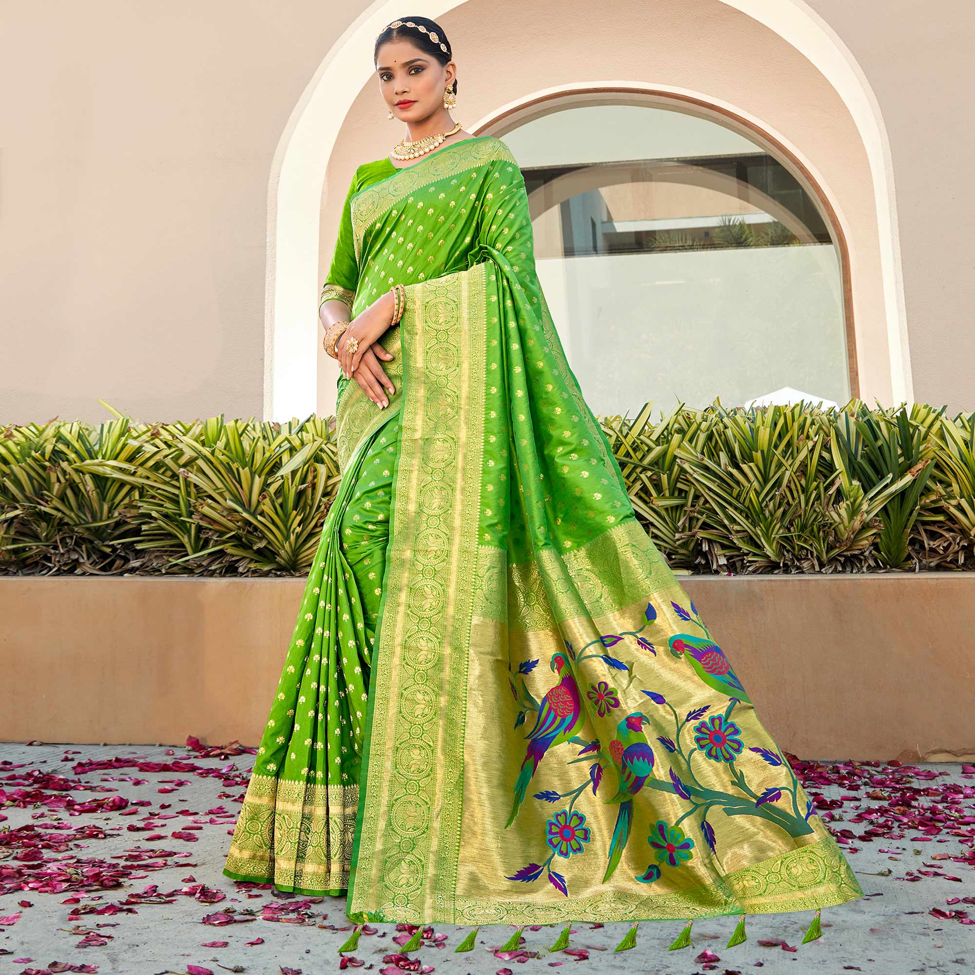 Parrot Green Woven Art Silk Paithani Saree