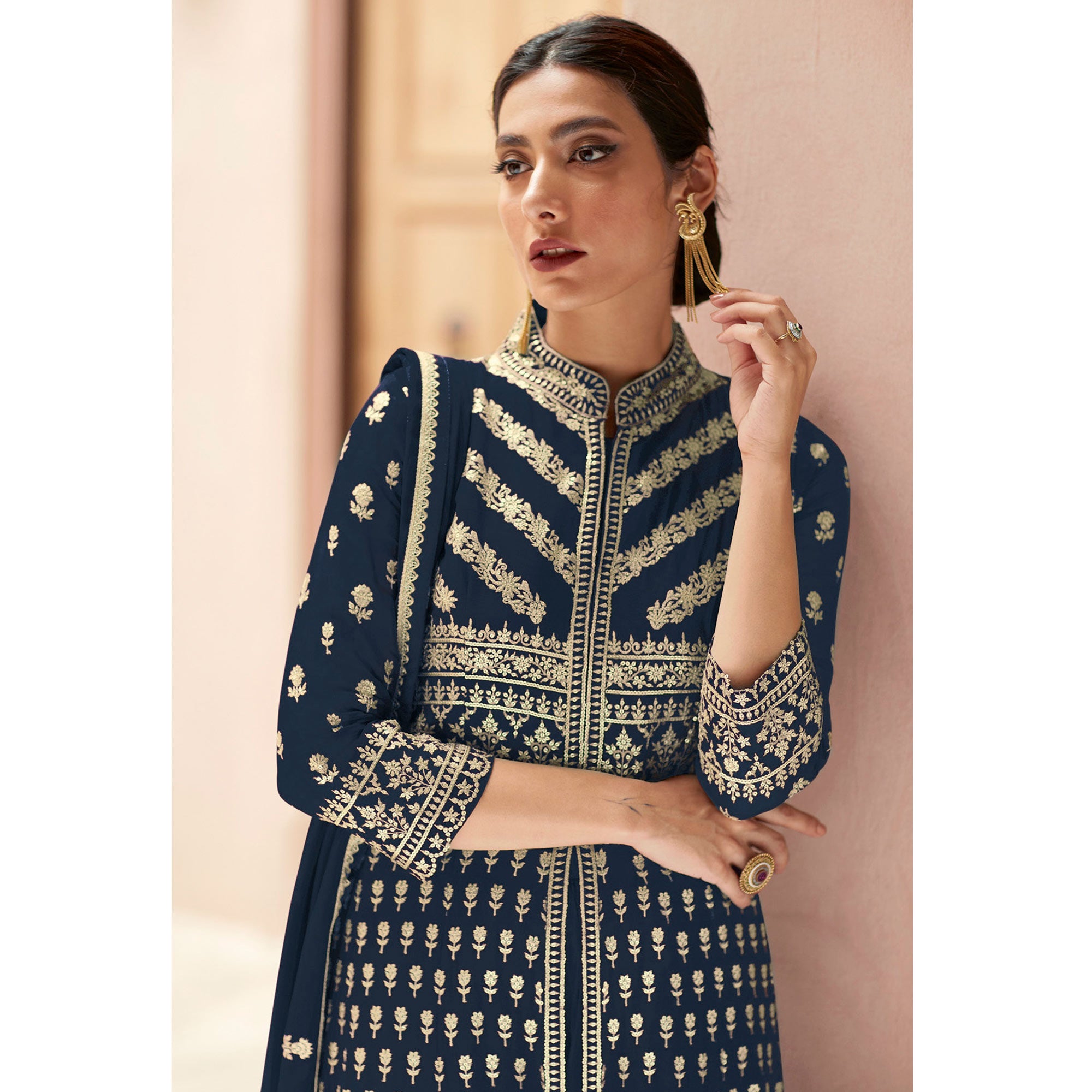 Navy Blue Floral Embroidered Georgette Palazzo Suit
