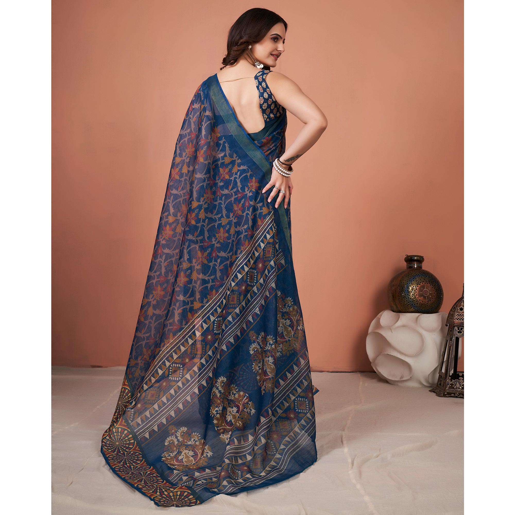 Navy Blue Printed Cotton Saree With Tassels