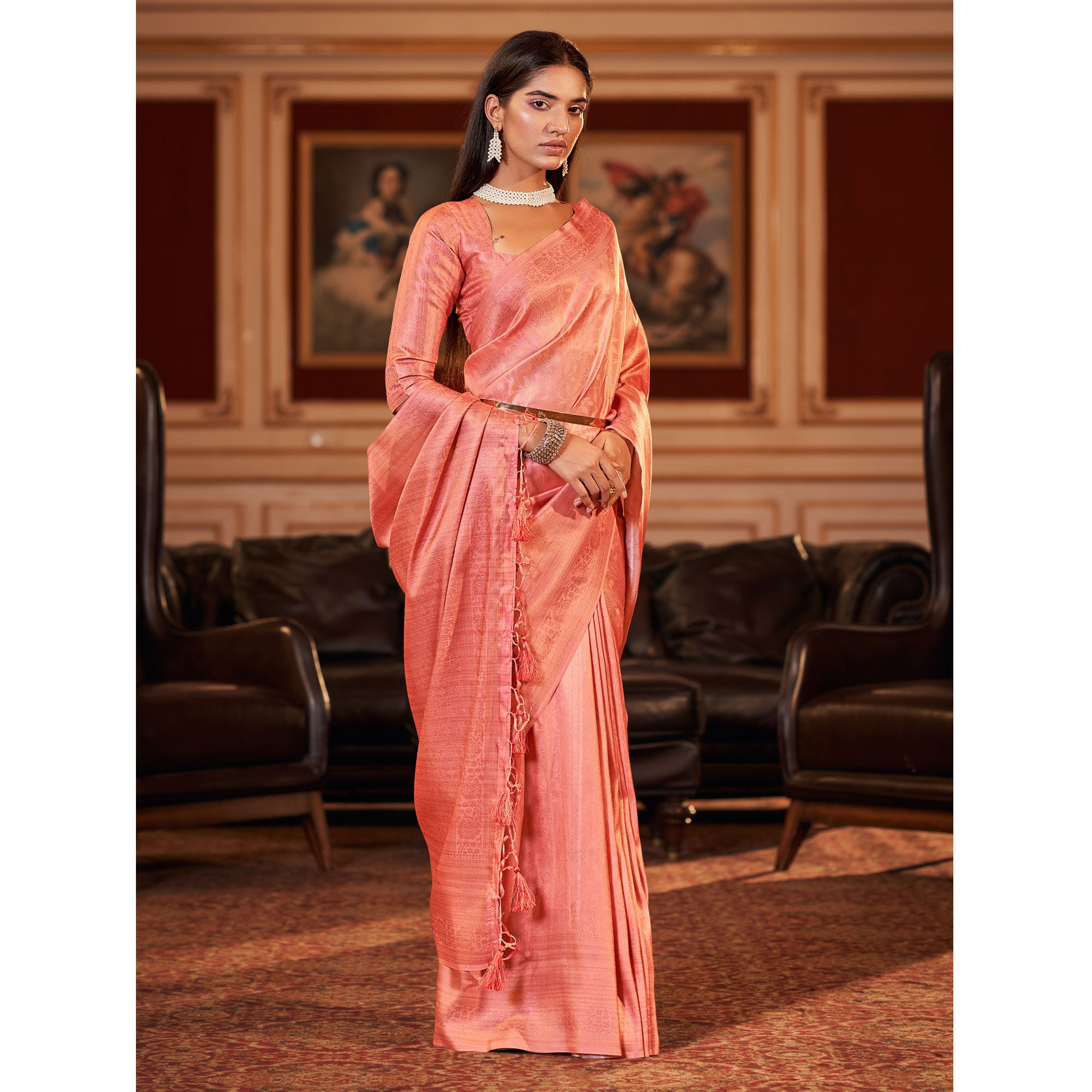 Salmon Pink Woven Jacquard Saree With Tassels