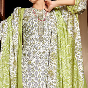White & Green Floral Print With Embroidered Pure Cotton Salwar Suit