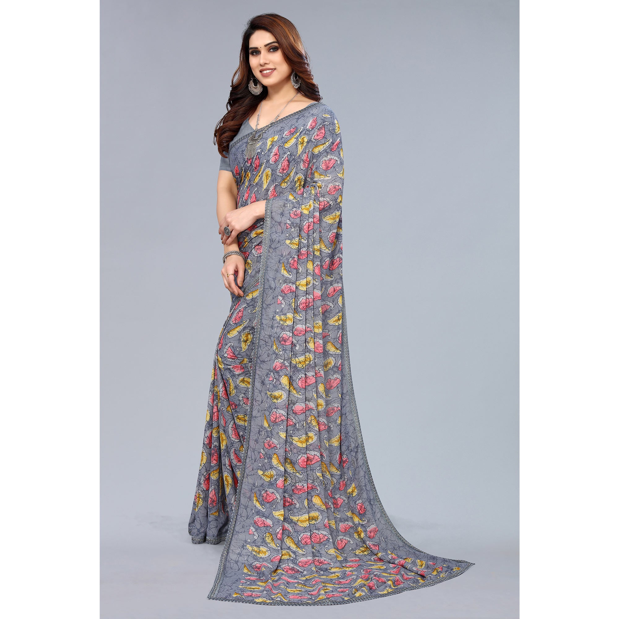 Grey Printed Georgette Saree With Crochet Border