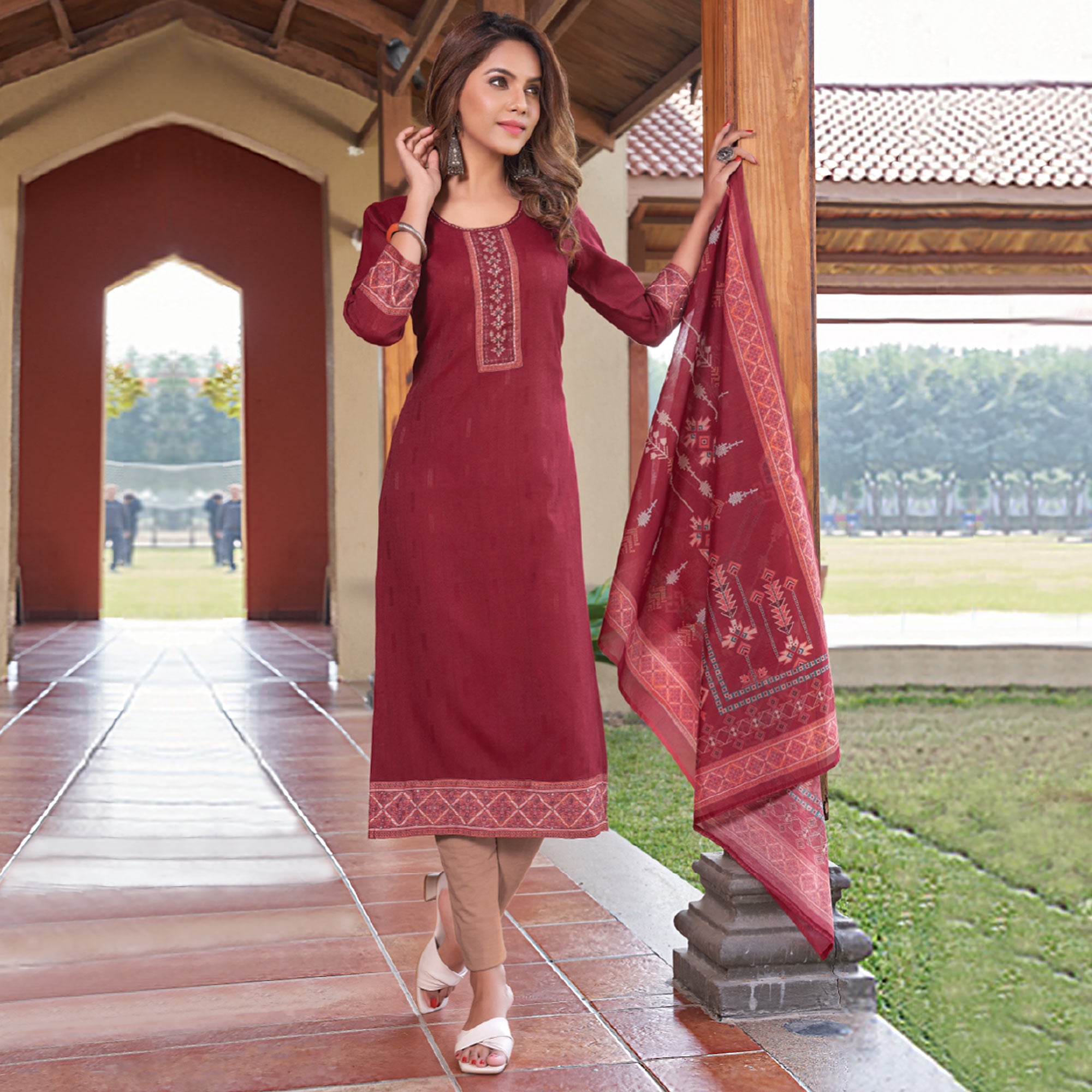 Maroon Embroidered Rayon Kurti With Dupatta