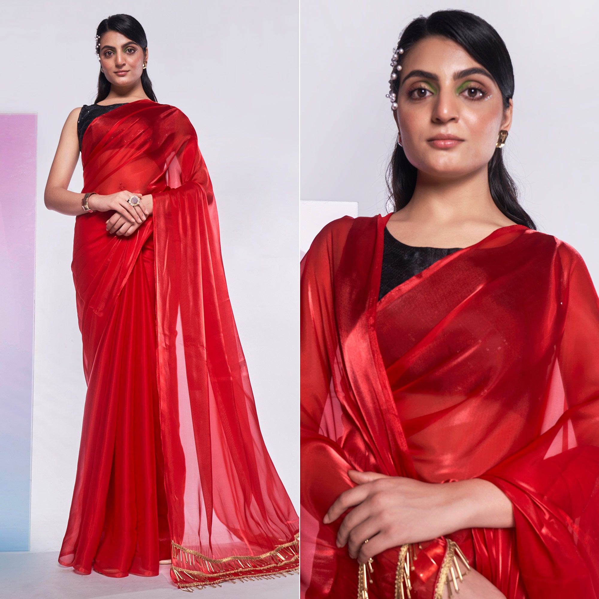 Red Solid Organza Saree With Tassels