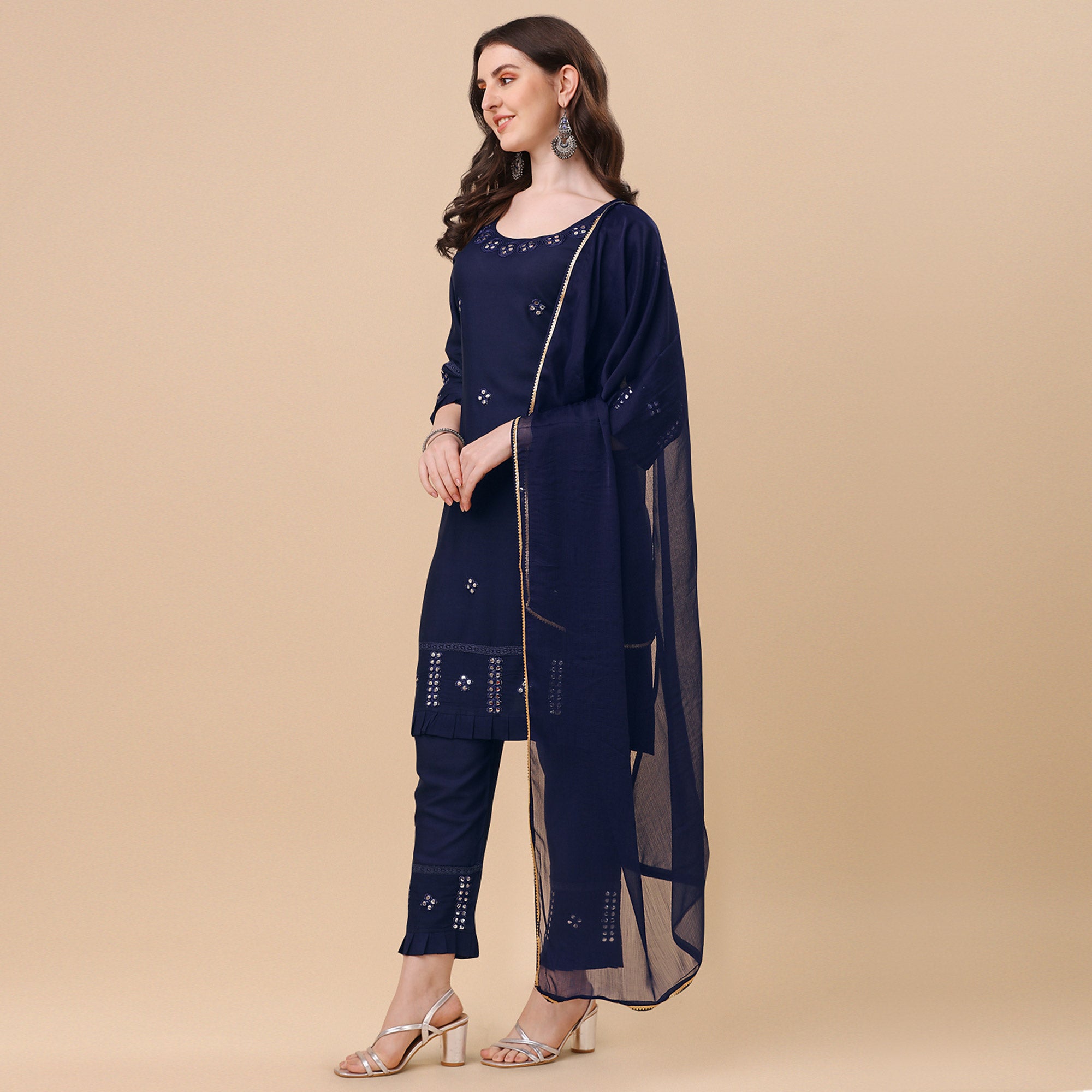 Navy Blue Embroidered Rayon Salwar Suit