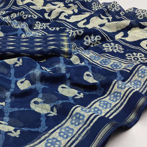 Blue Printed Cotton Blend Saree
