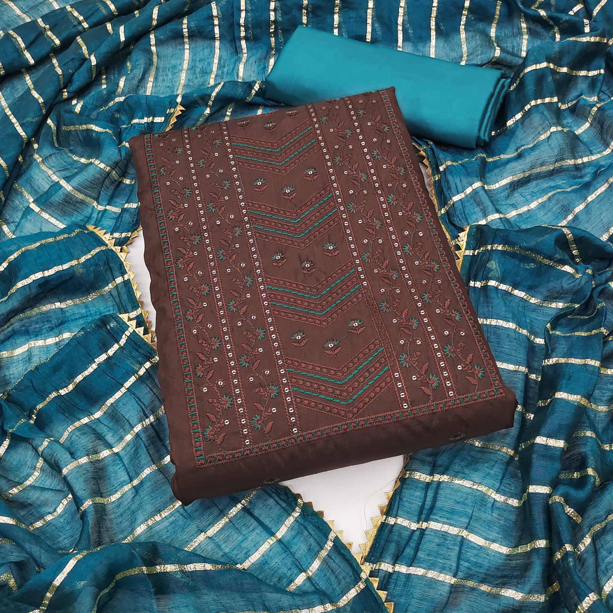 Brown Floral Sequins Embroidered Raw Silk Dress Material