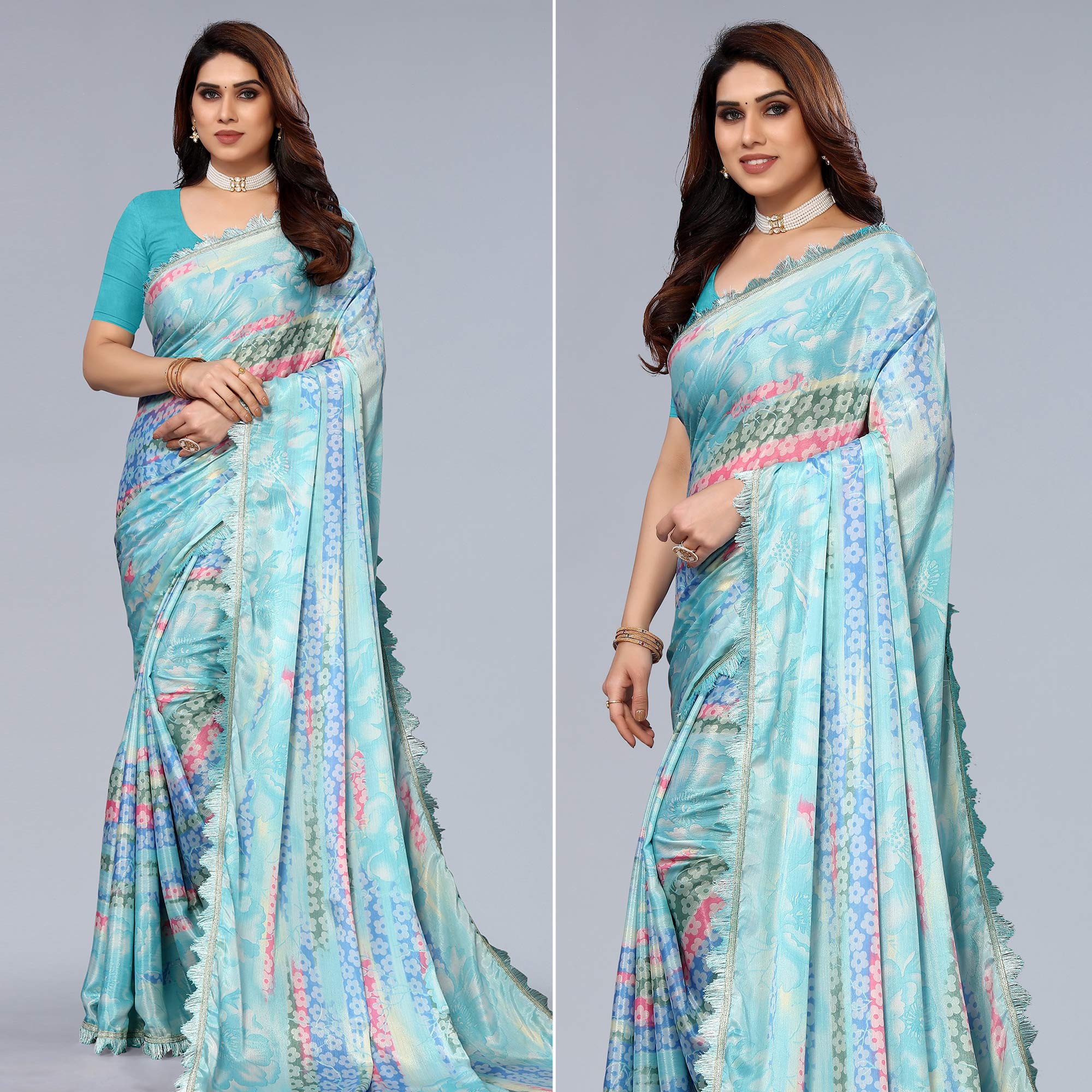 Sky Blue Floral Printed Art Silk Saree With Crochet Border