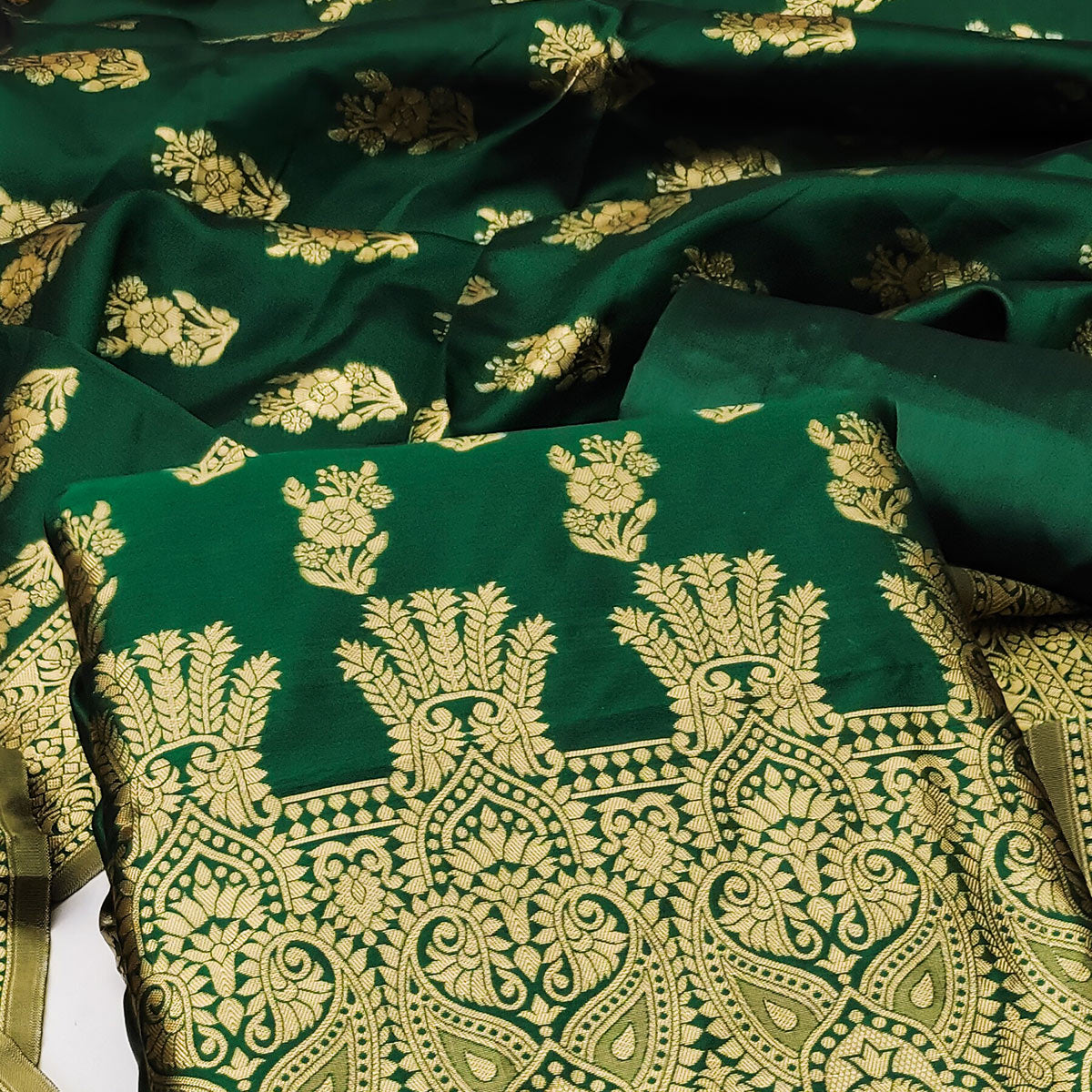 Green Floral Woven Jacquard Dress Material
