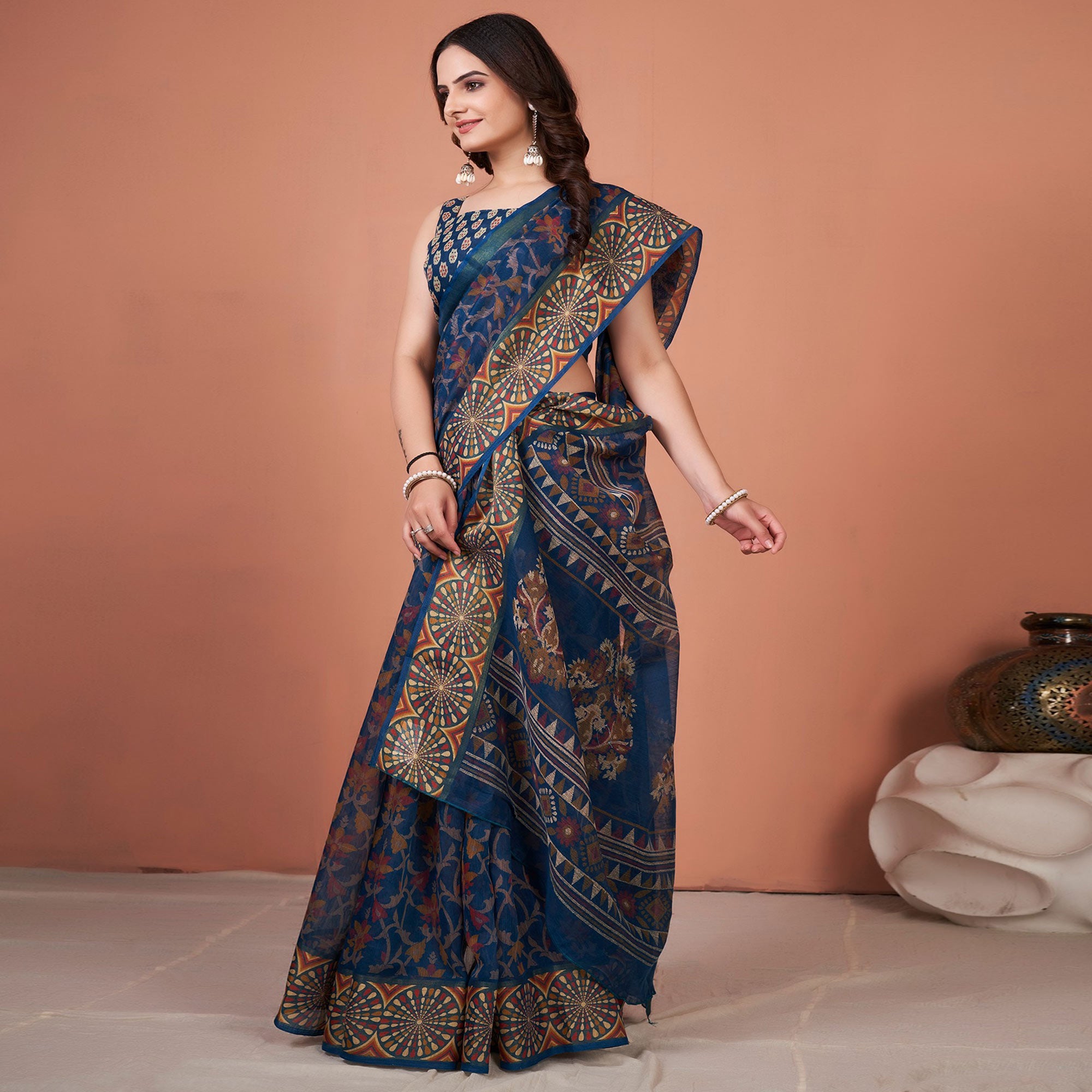 Navy Blue Printed Cotton Saree With Tassels