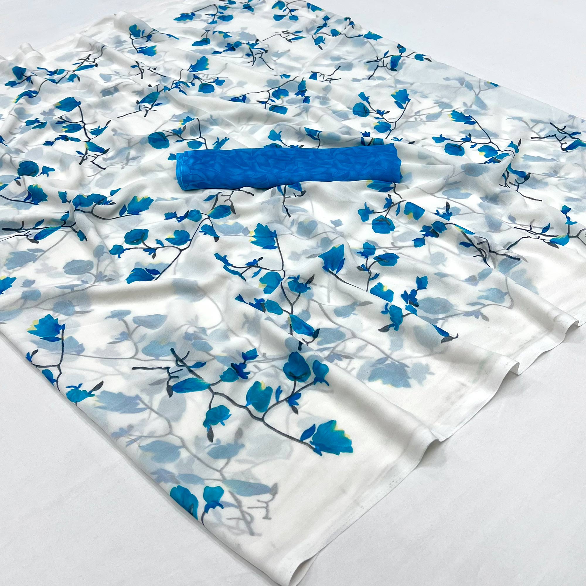 White Blue Floral Printed Georgette Saree