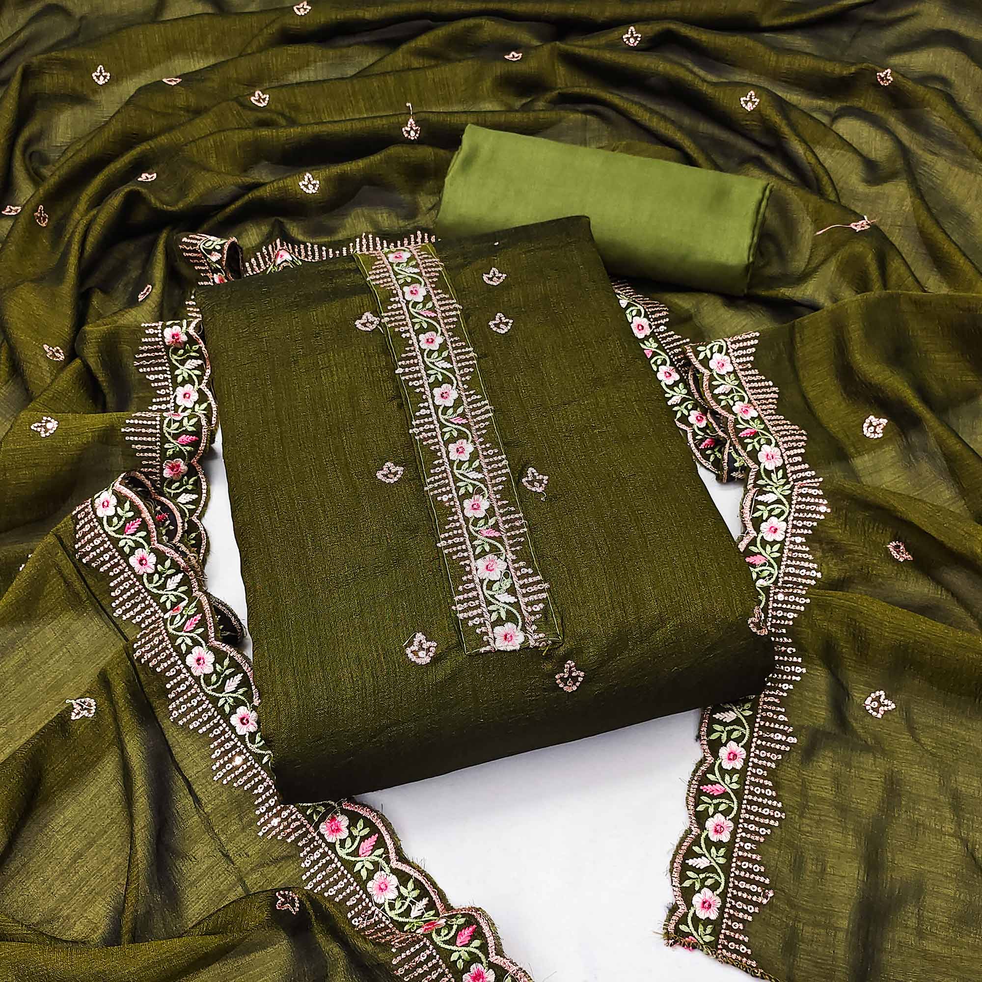 Mehendi Green Floral Embroidered Vichitra Silk Dress Material