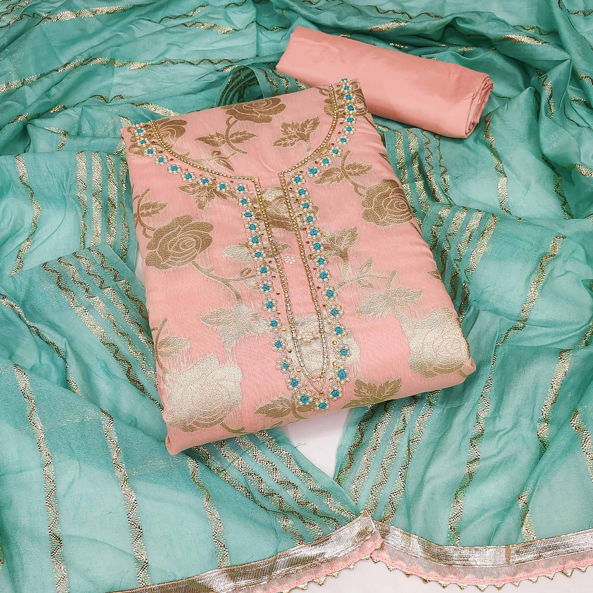 Peach Woven Banarasi Silk Dress Material
