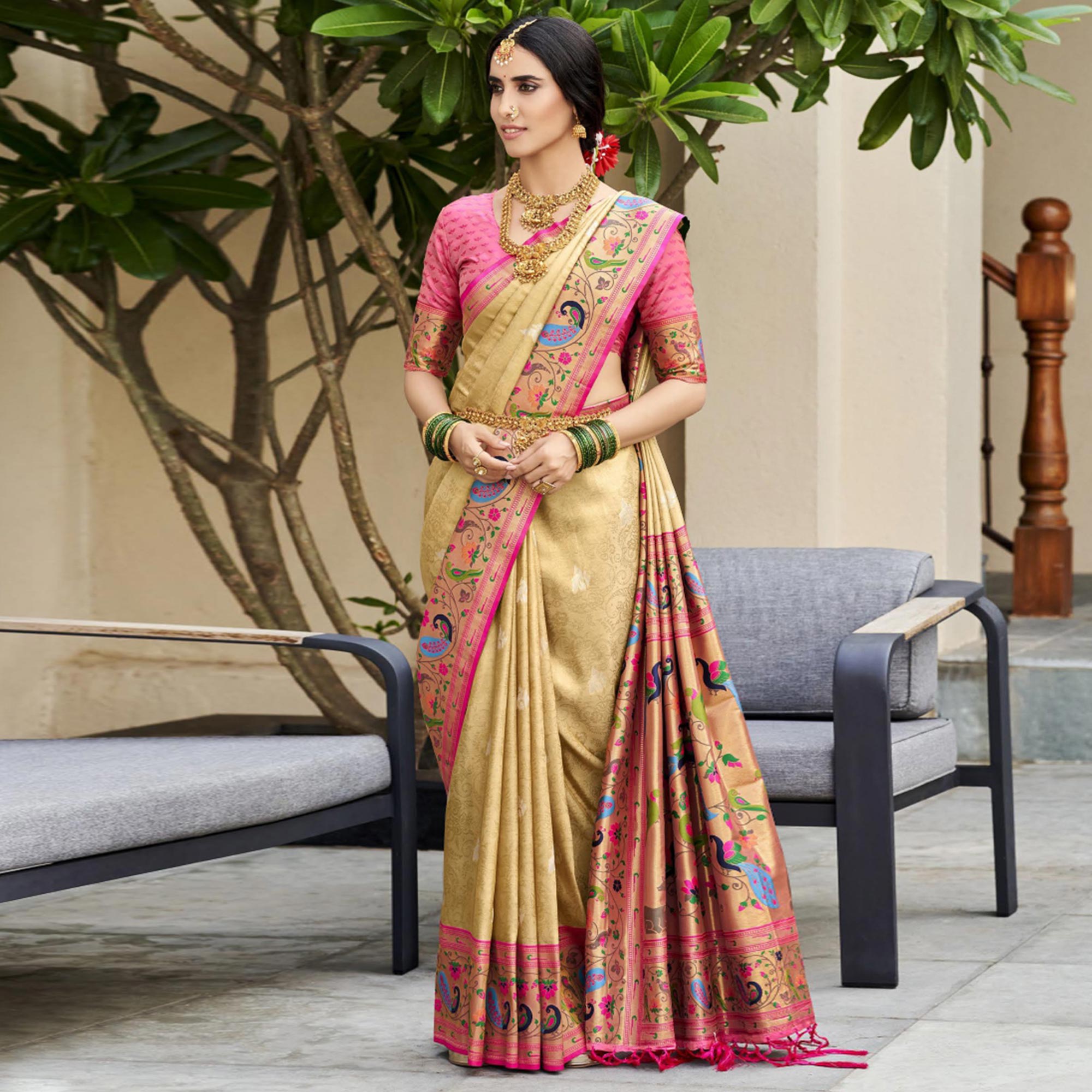 Beige Woven Kanjivaram Silk Paithani Saree With Tassels