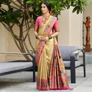 Beige Woven Kanjivaram Silk Paithani Saree With Tassels