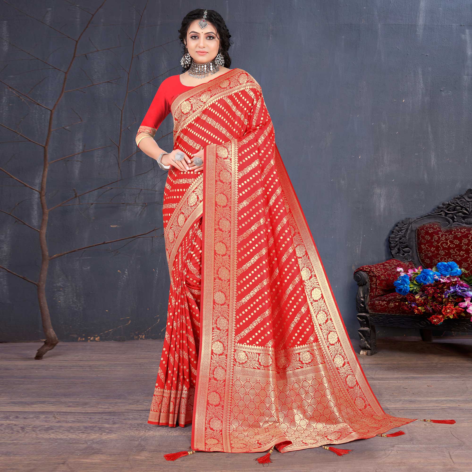 Red Woven Banarasi Silk Saree With Tassels