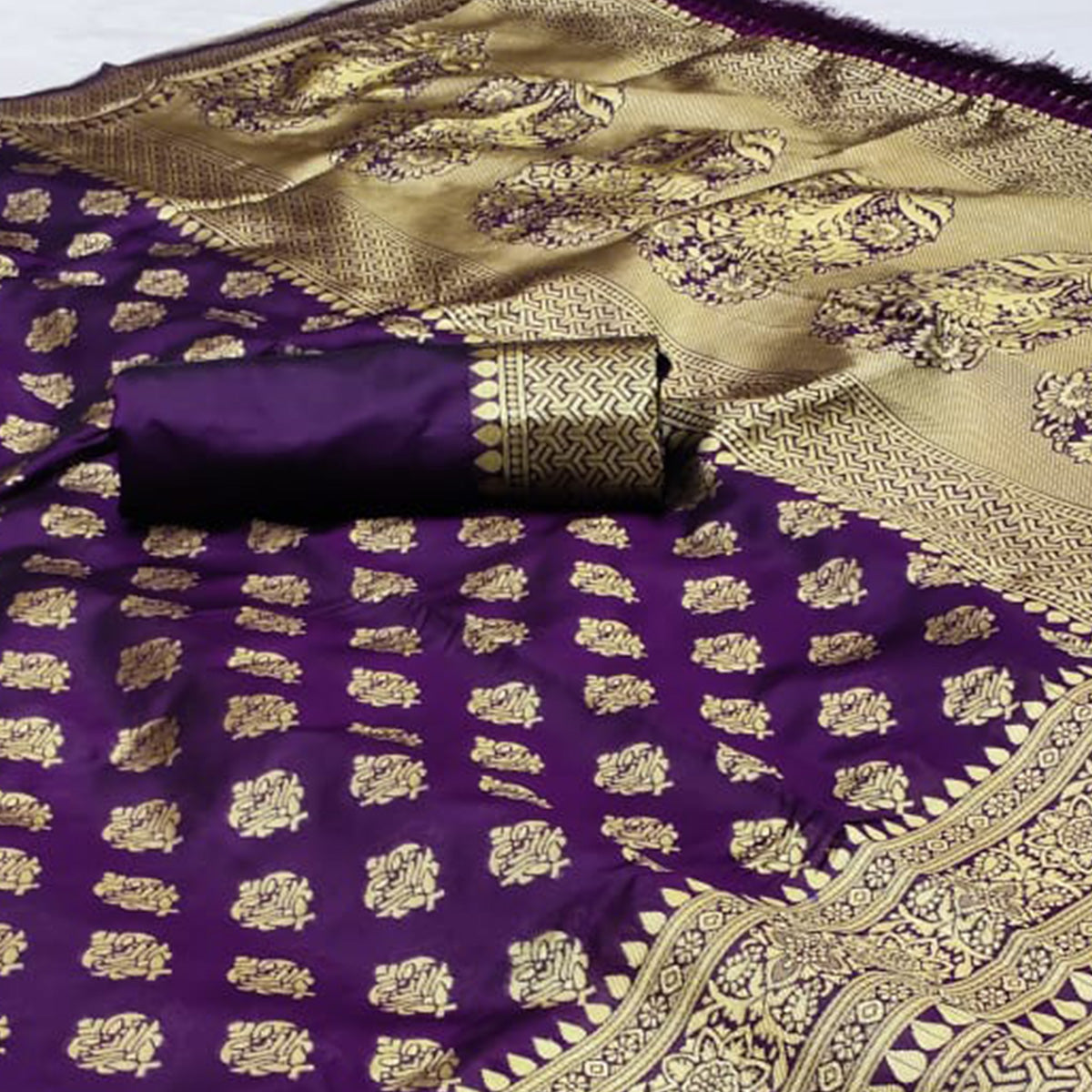Purple Woven Jacquard Saree With Tassels