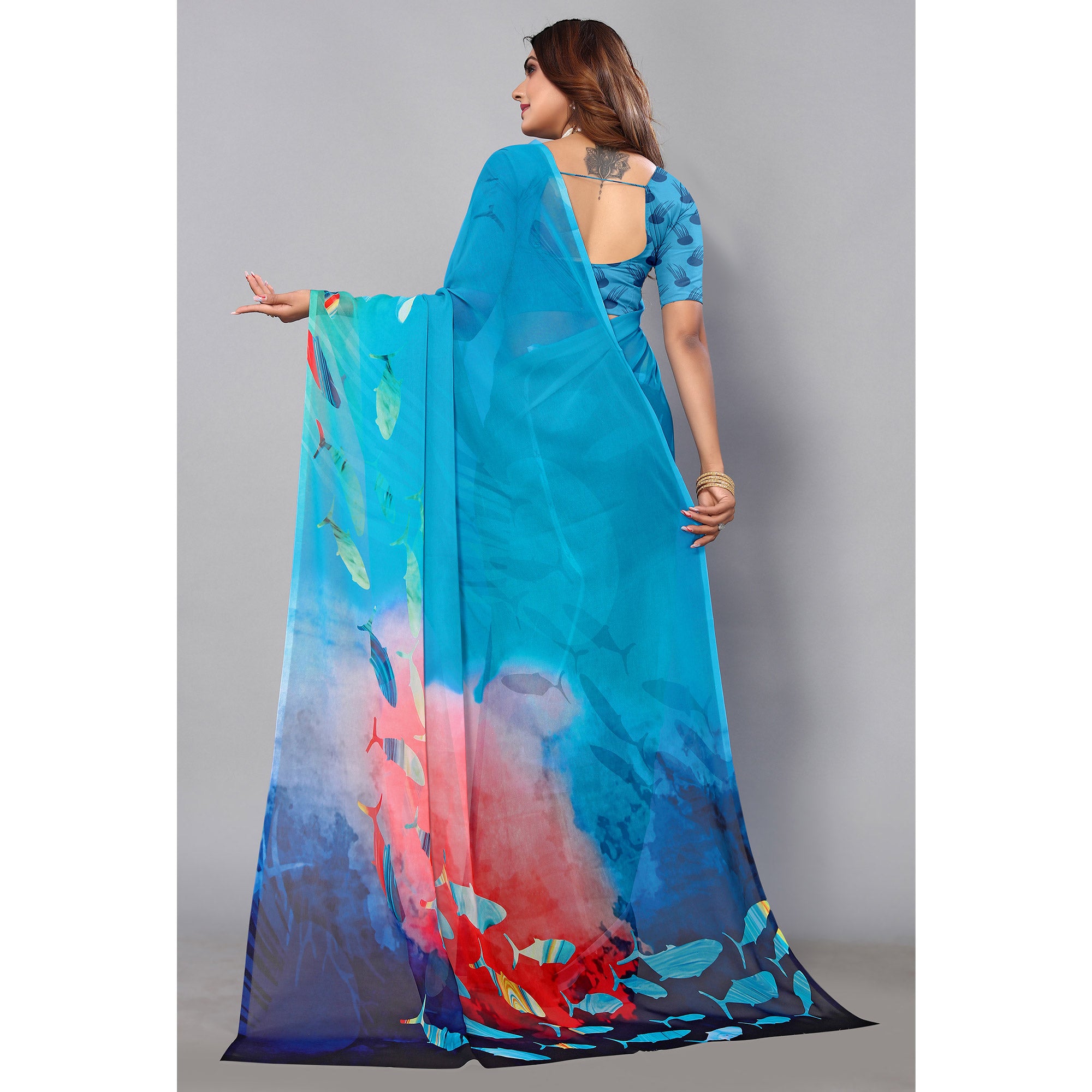 Blue Digital Printed Georgette Saree