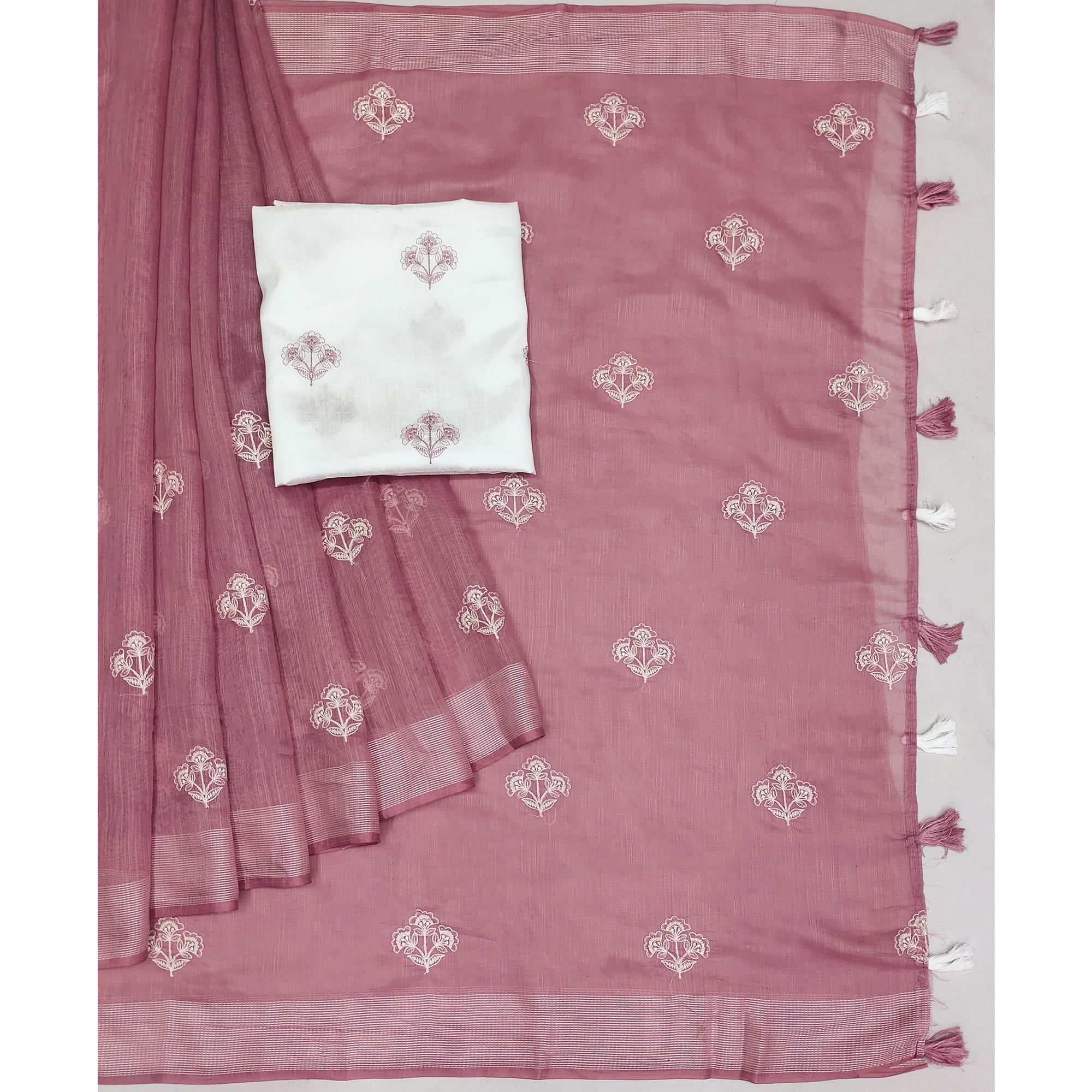 Dusty Pink Floral Embroidered Raw Silk Saree