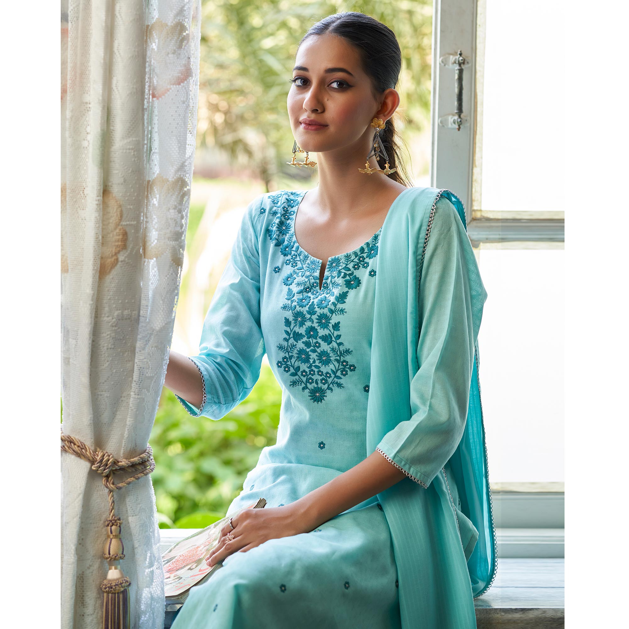 Blue Floral Embroidered Pure Cotton Suit