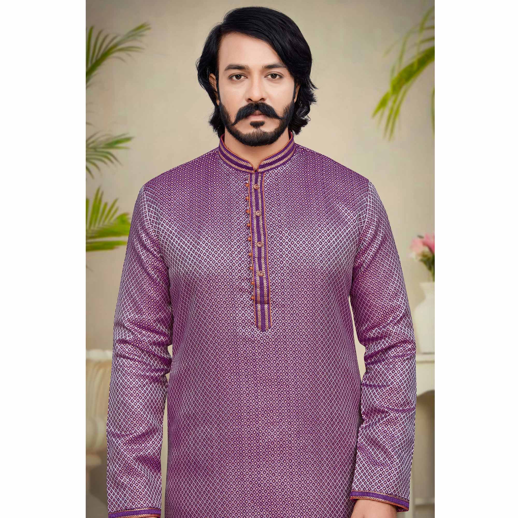 Purple Woven Jacquard Kurta Pyjama Set