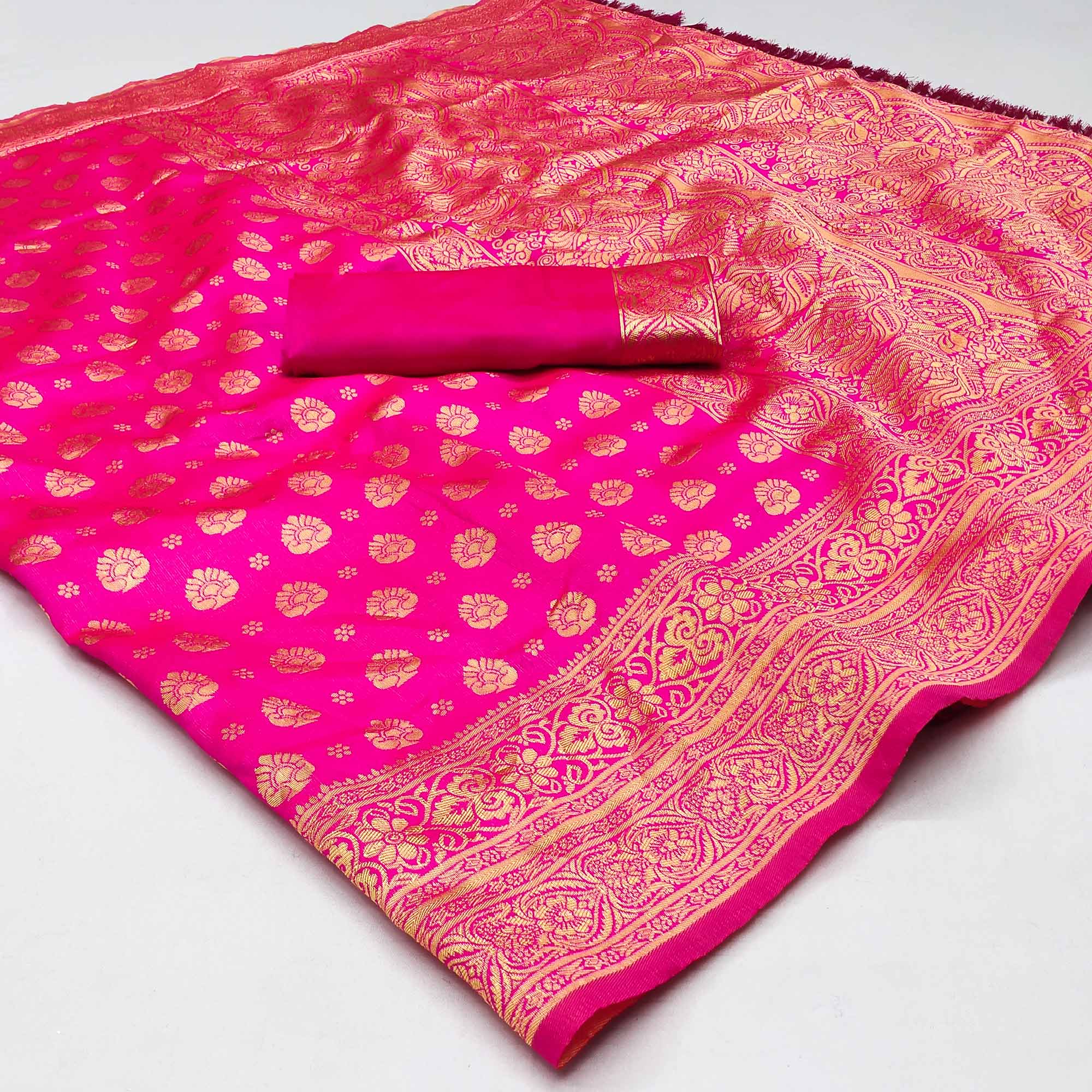 Magenta Pink Woven Jacquard Saree With Tassels