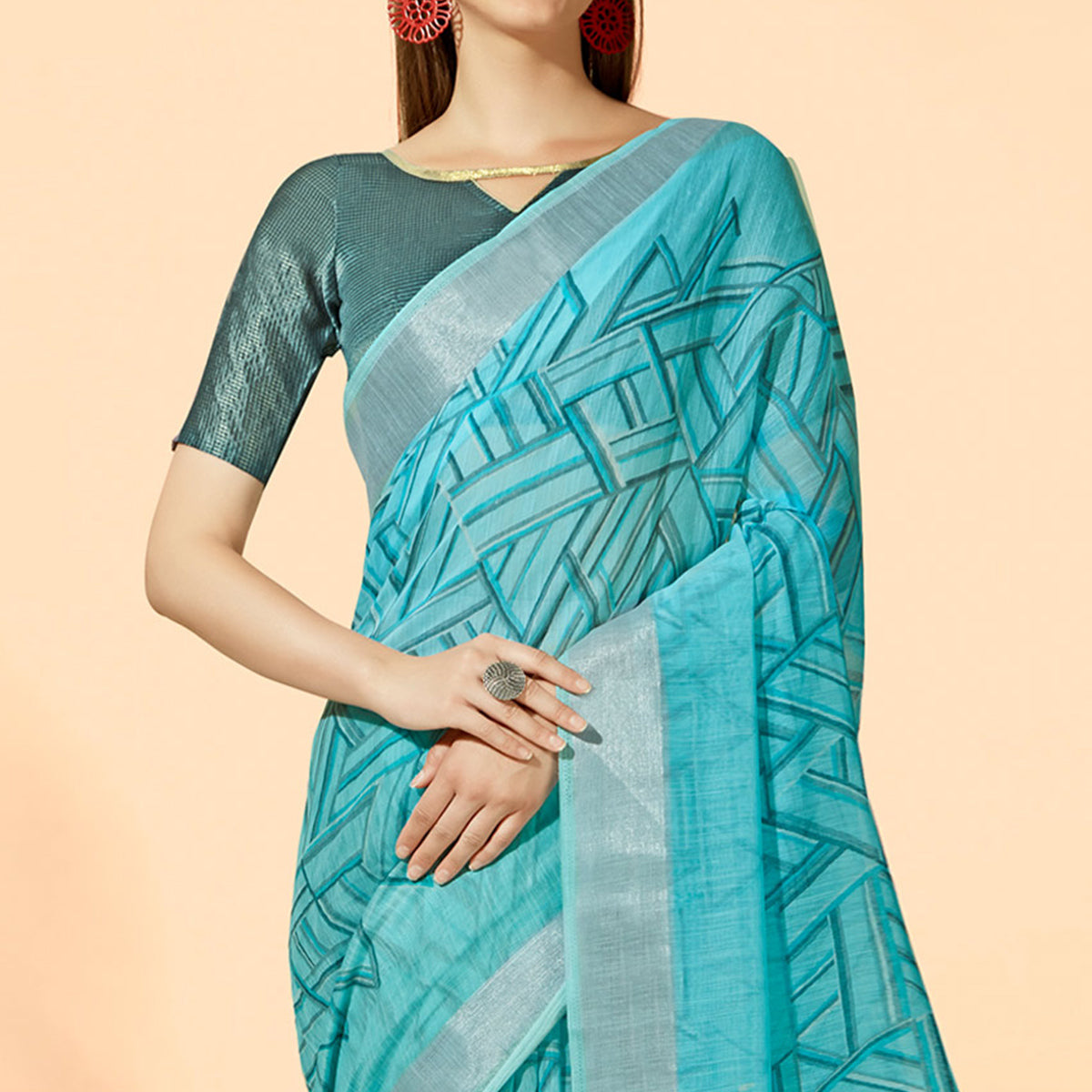 Sky Blue Printed Cotton Silk Saree With Tassels