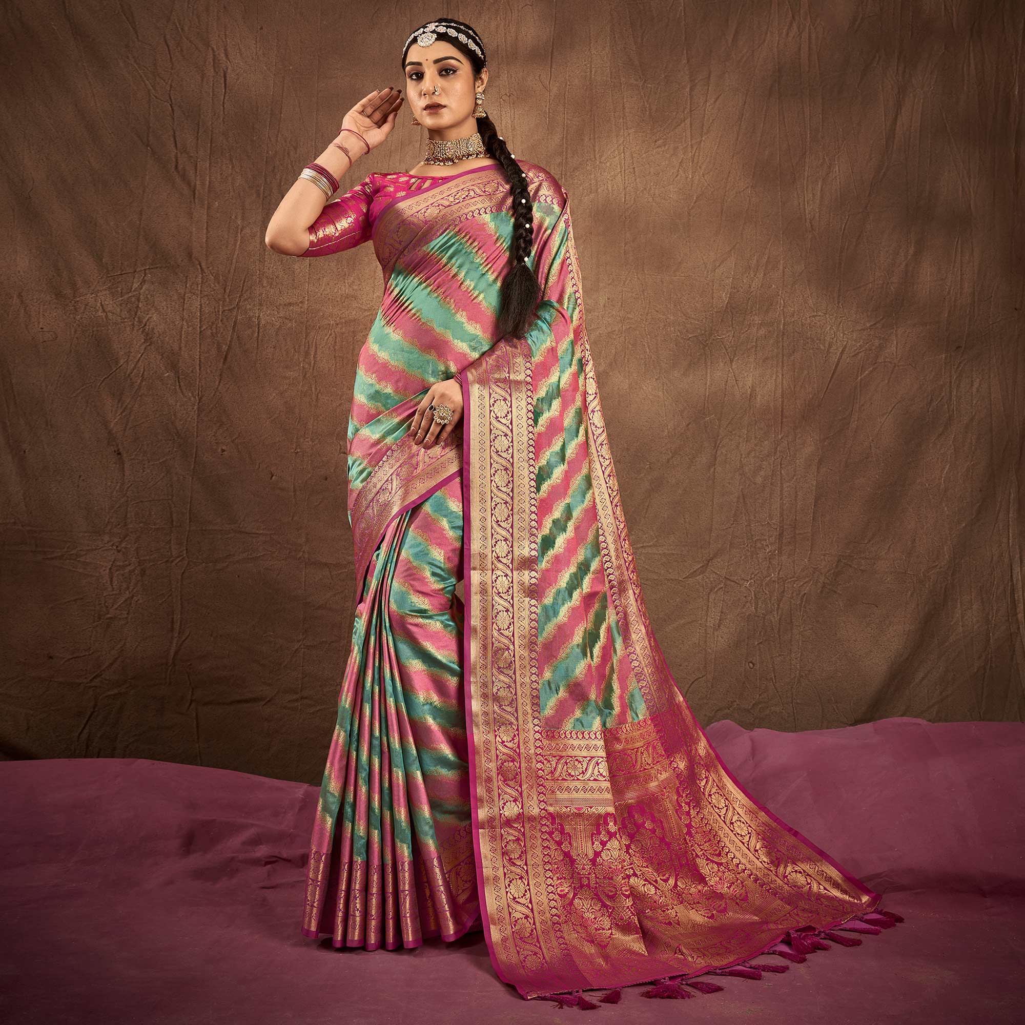 Green & Pink Woven Art Silk Saree