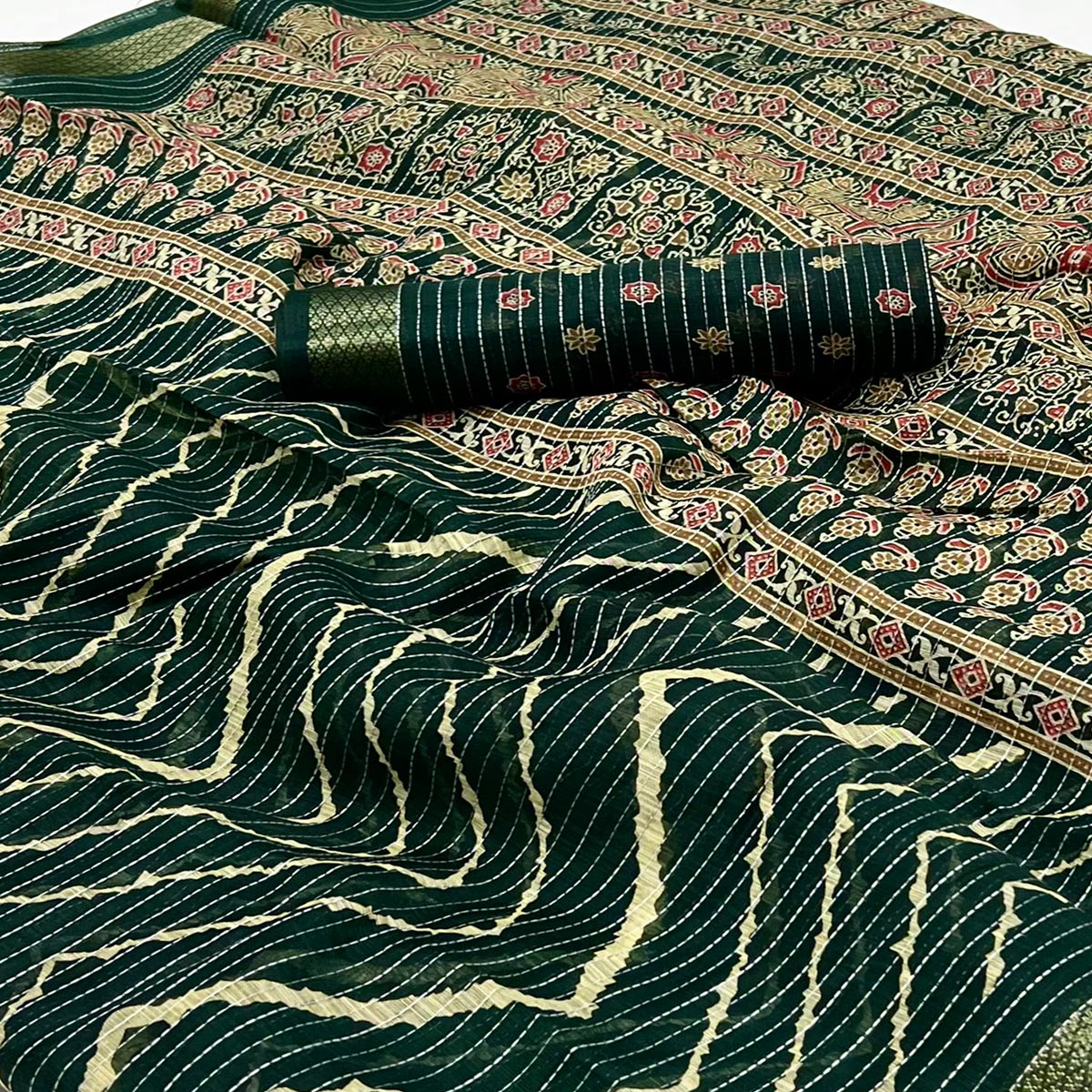 Dark Green Embroidered Cotton Silk Saree