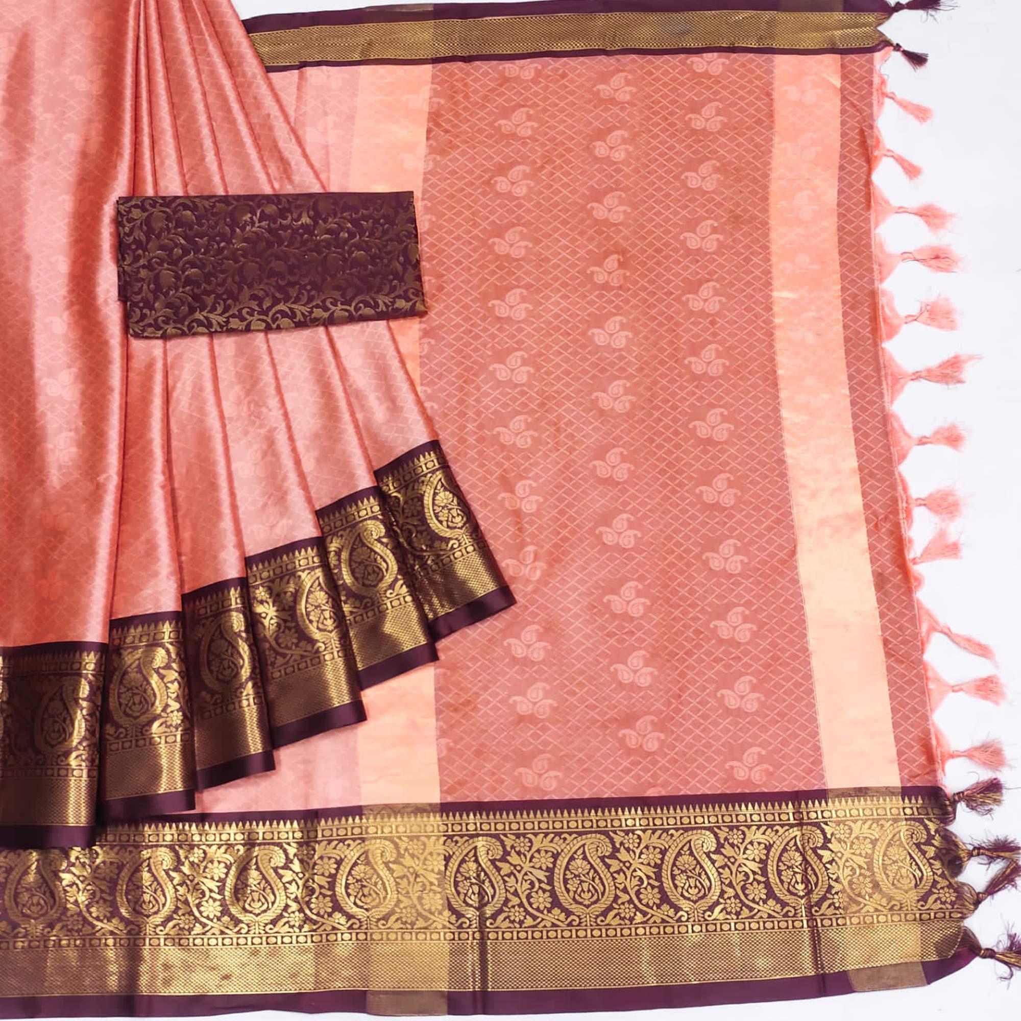 Baby Pink Woven Cotton Silk Saree With Tassels