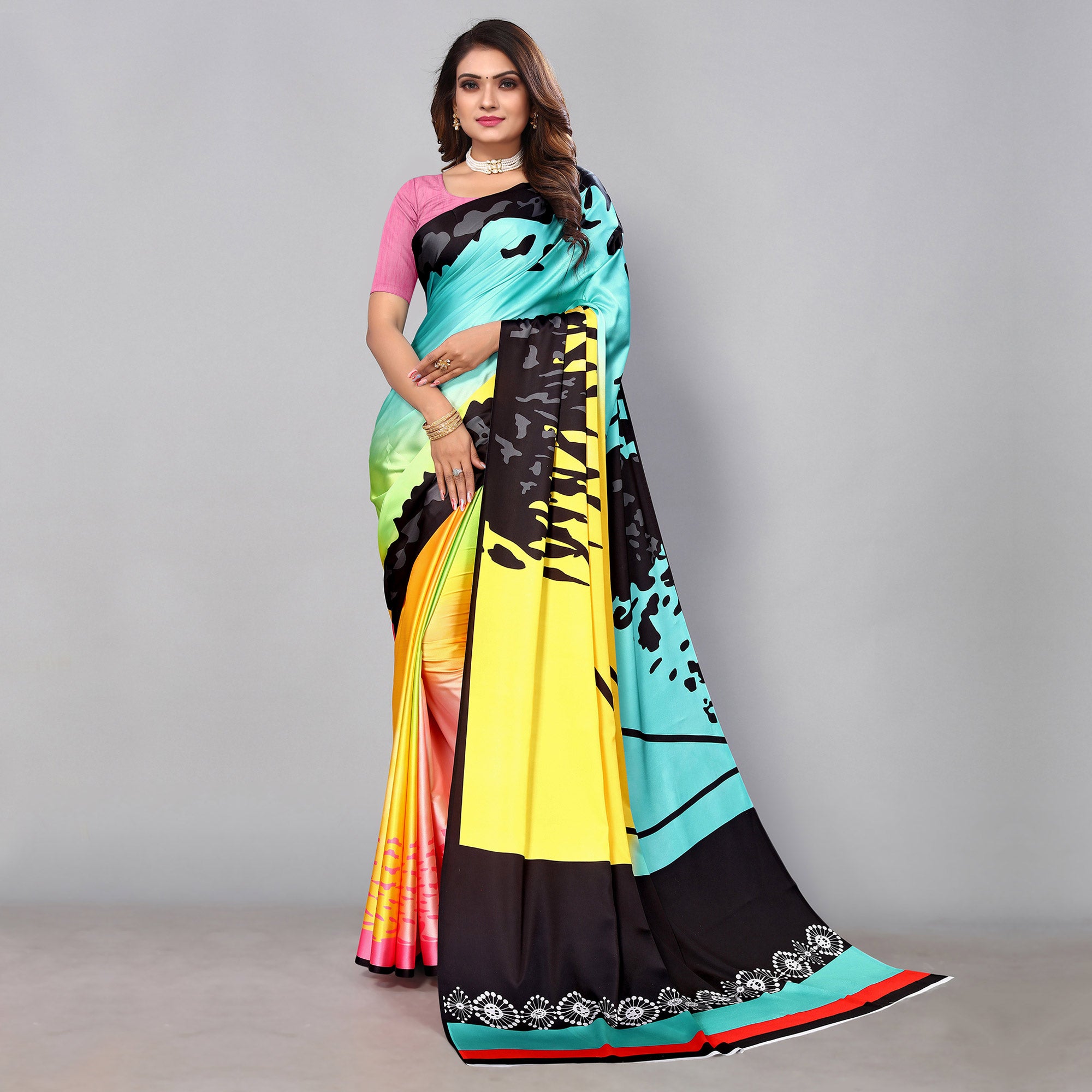 Multicolored Digital Printed Satin Saree